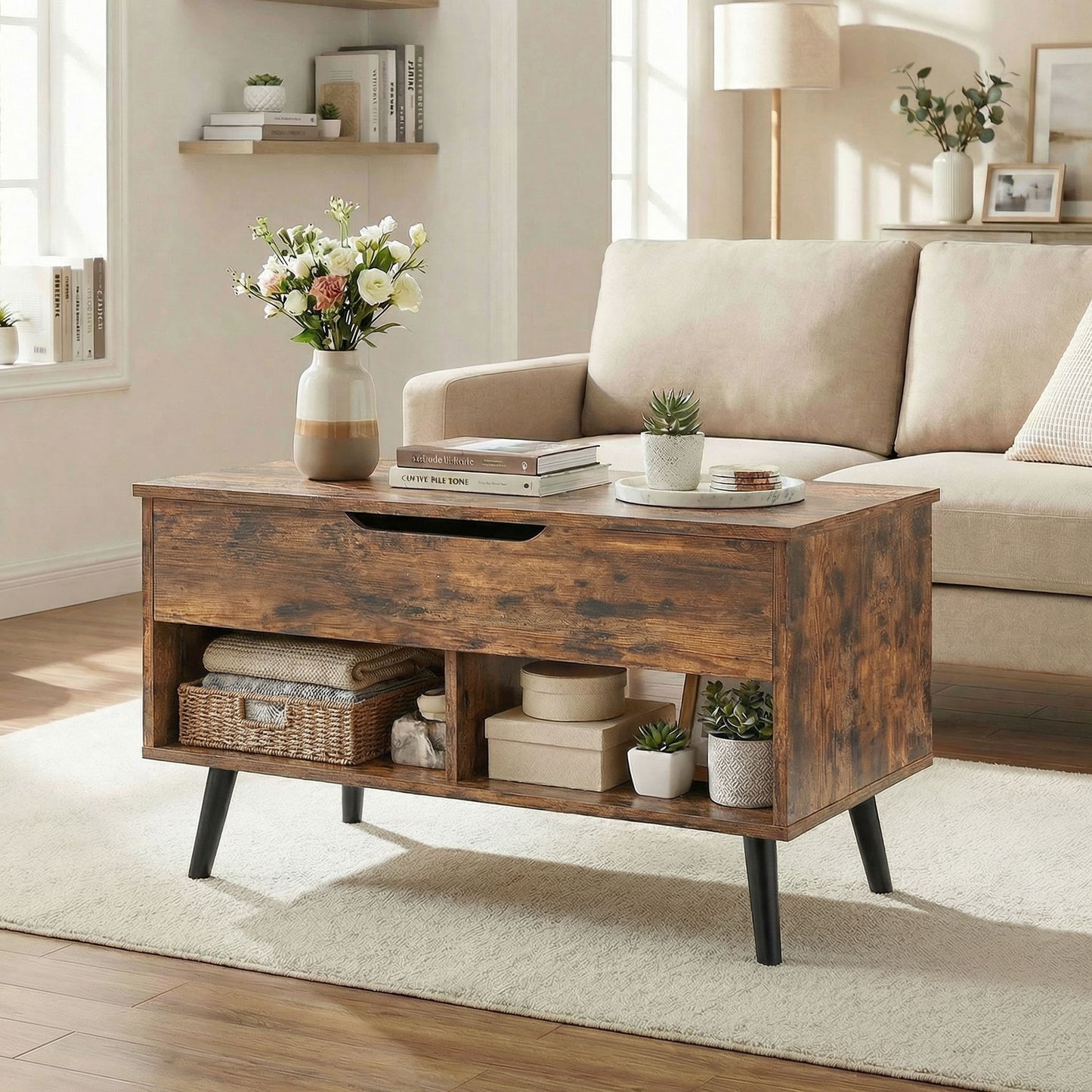 HOMCOM Lift Top Coffee Table With Hidden Storage For Living Room And Metal Legs 75 cm Rustic Brown