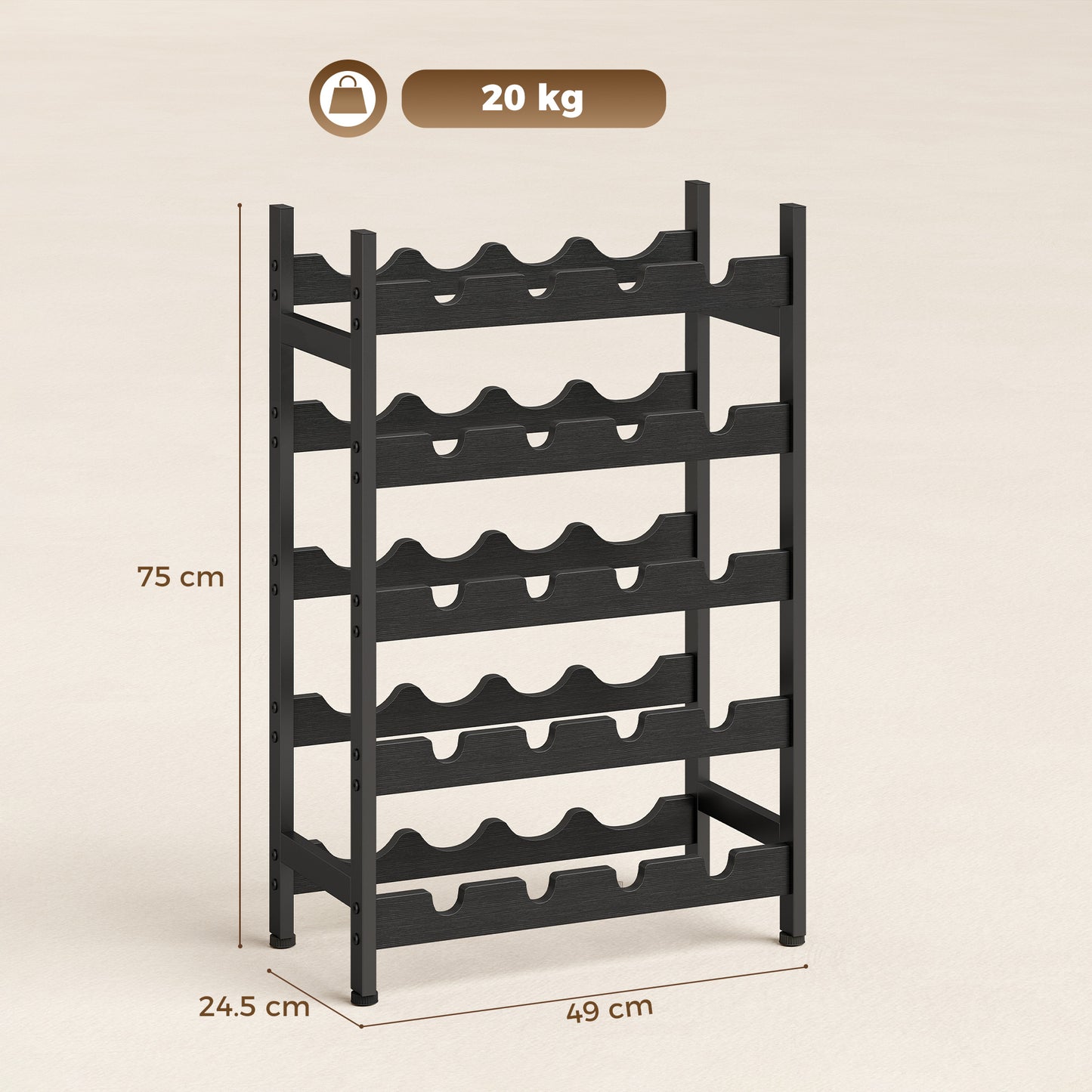HOMCOM Freestanding 5 Tier Wine Rack Holds 20 Bottles Industrial Steel Bar Cabinet With Adjustable Feet Black
