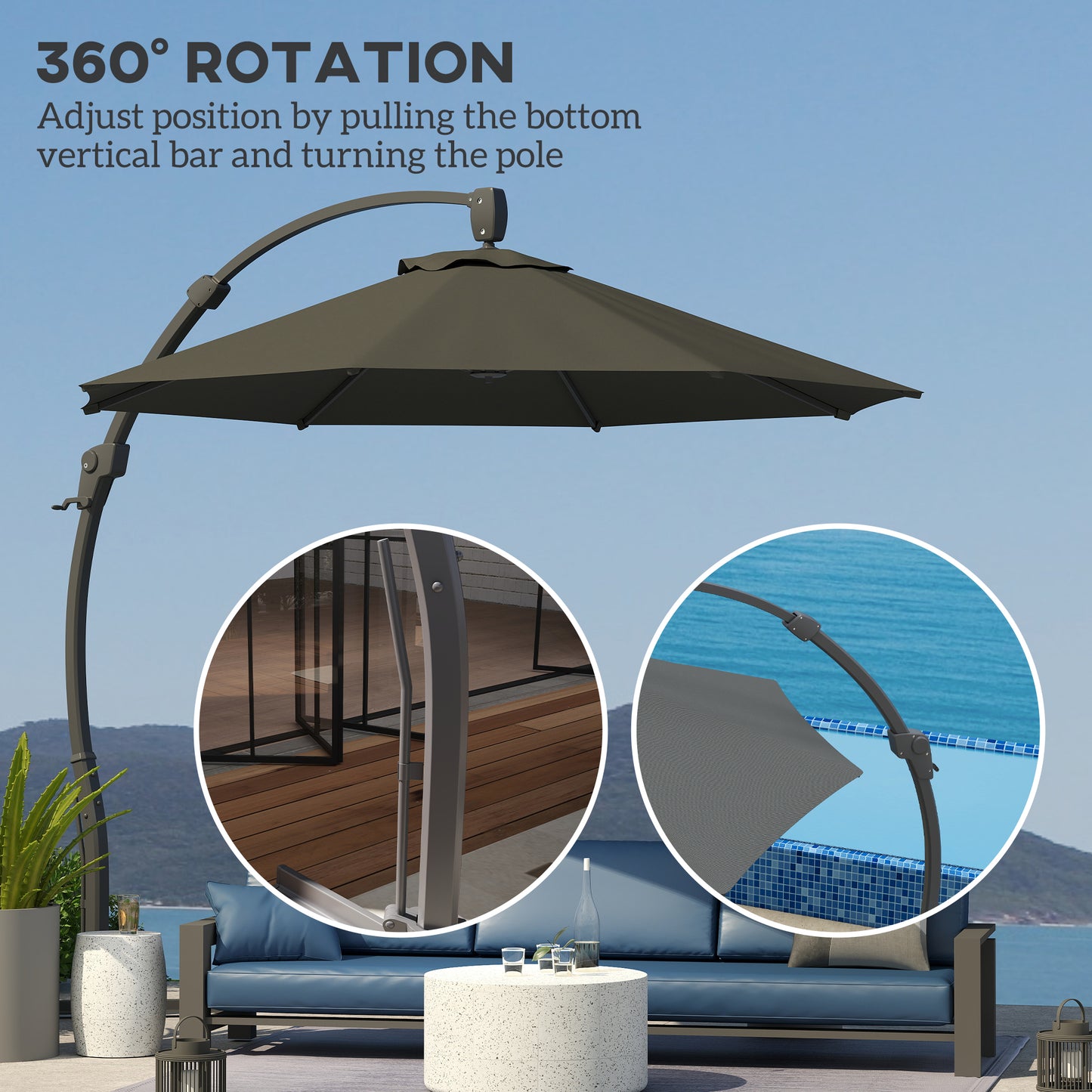 Outsunny 3m Cantilever Parasol Banana Patio Umbrella with Crank Handle Aluminum Frame Cross Base 360 Rotation Grey