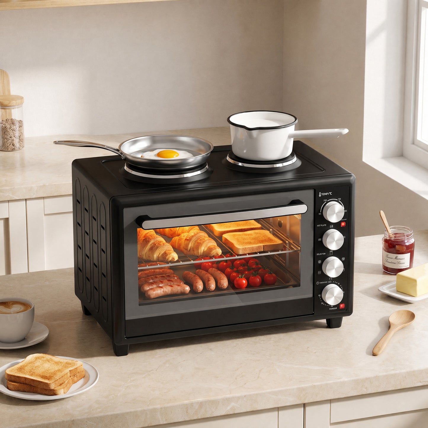 HOMCOM 36L Countertop Convection Oven With Dual Hot Plates And Adjustable Temperature