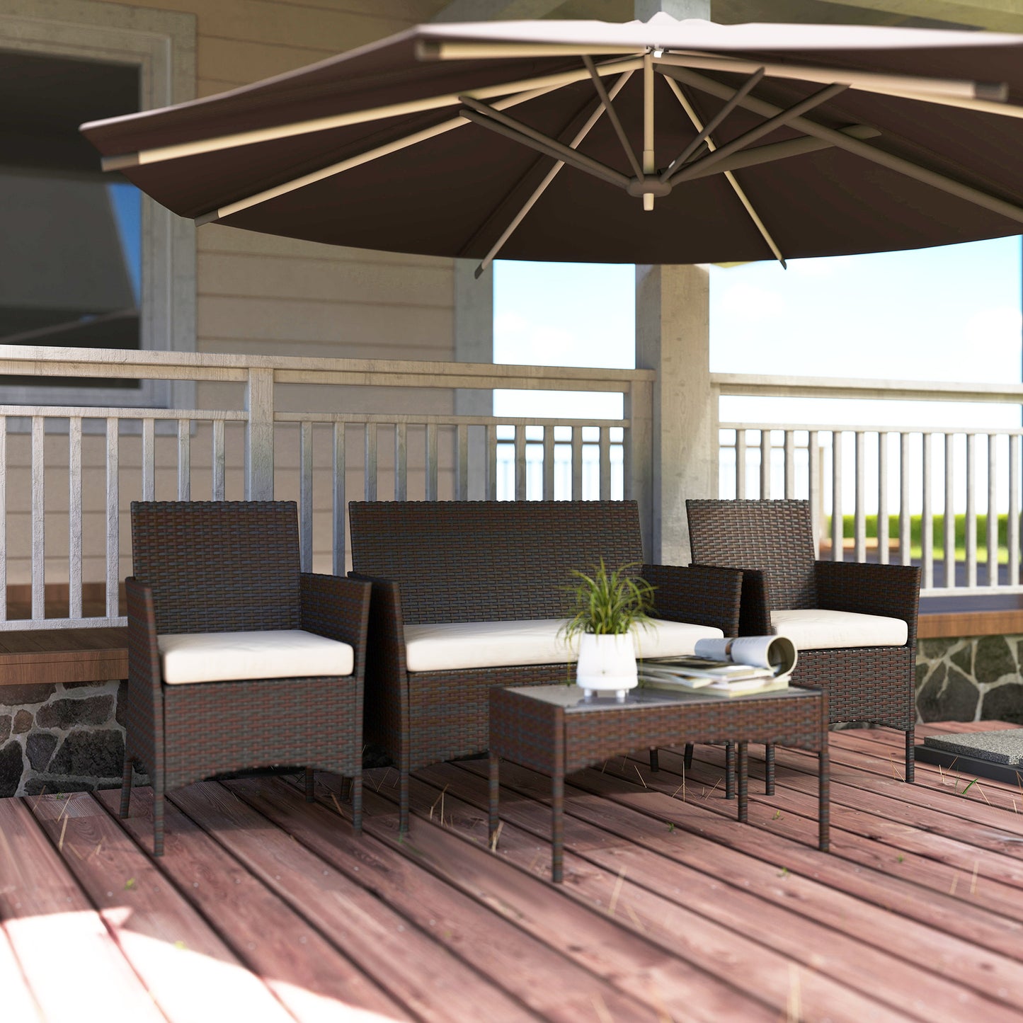Outsunny 4 Piece Rattan Garden Furniture Set With Loveseat, Armchairs, Glass Top Coffee Table And Cushions, Brown