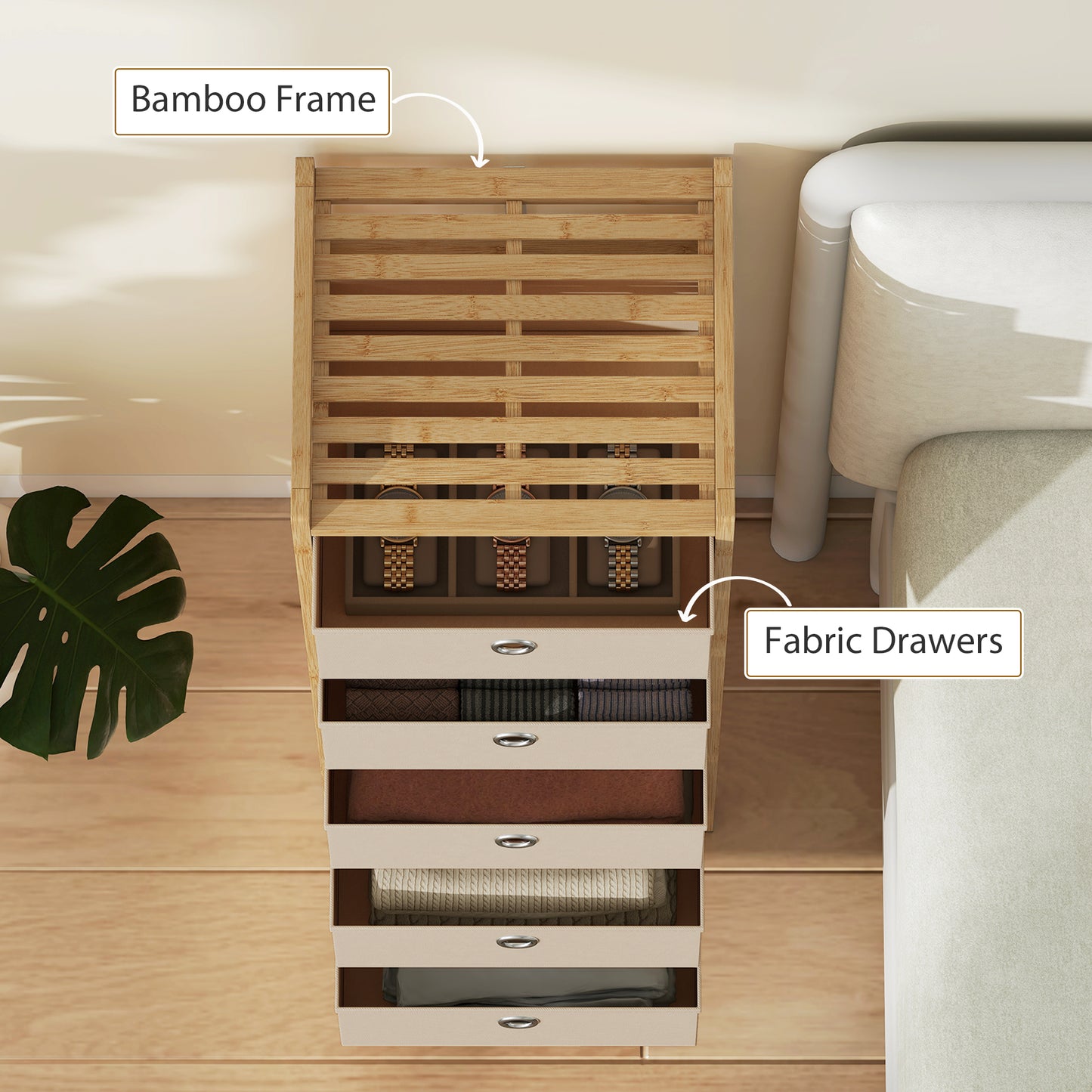 HOMCOM Five Drawer Fabric Dresser Narrow Chest With Bamboo Frame Cream White For Bedroom Organization