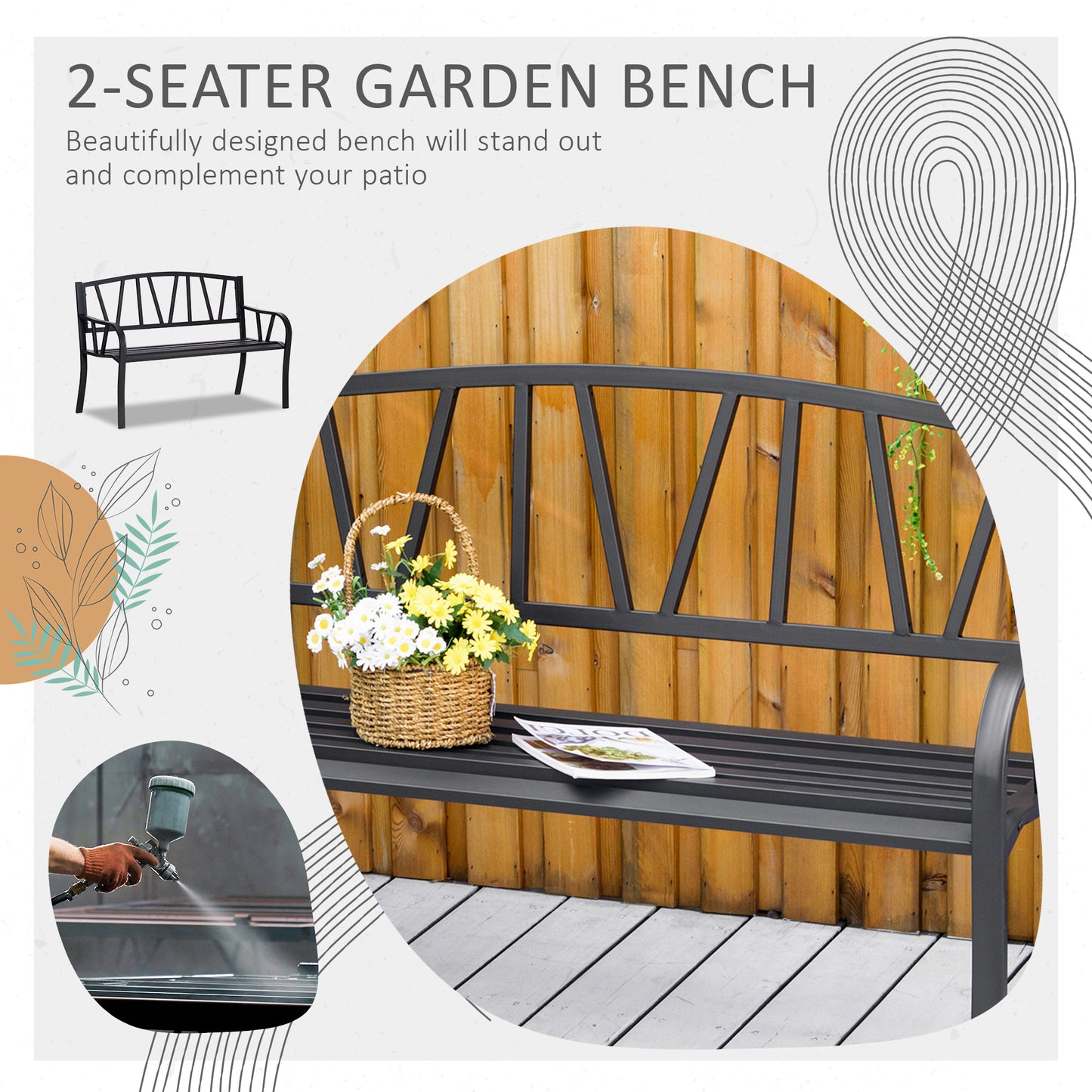 Outsunny 2 Seater Garden Bench With Cushion Black Metal Loveseat Slatted Outdoor Park Chair Backrest And Armrests