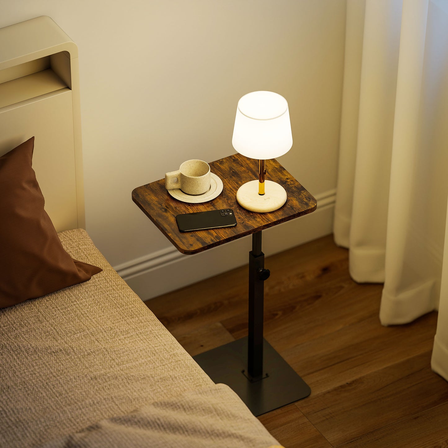 HOMCOM C Shaped End Table With Adjustable Height And Metal Base For Living Room Bedroom Rustic Brown
