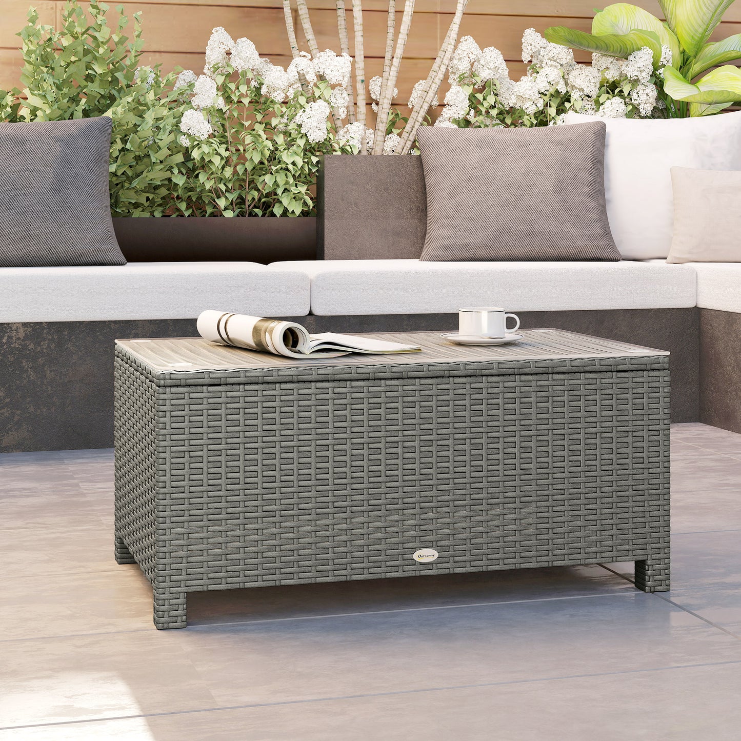 Outsunny Rattan Garden Coffee Table With Glass Top In Light Grey With Sturdy Metal Frame For Outdoor Patio