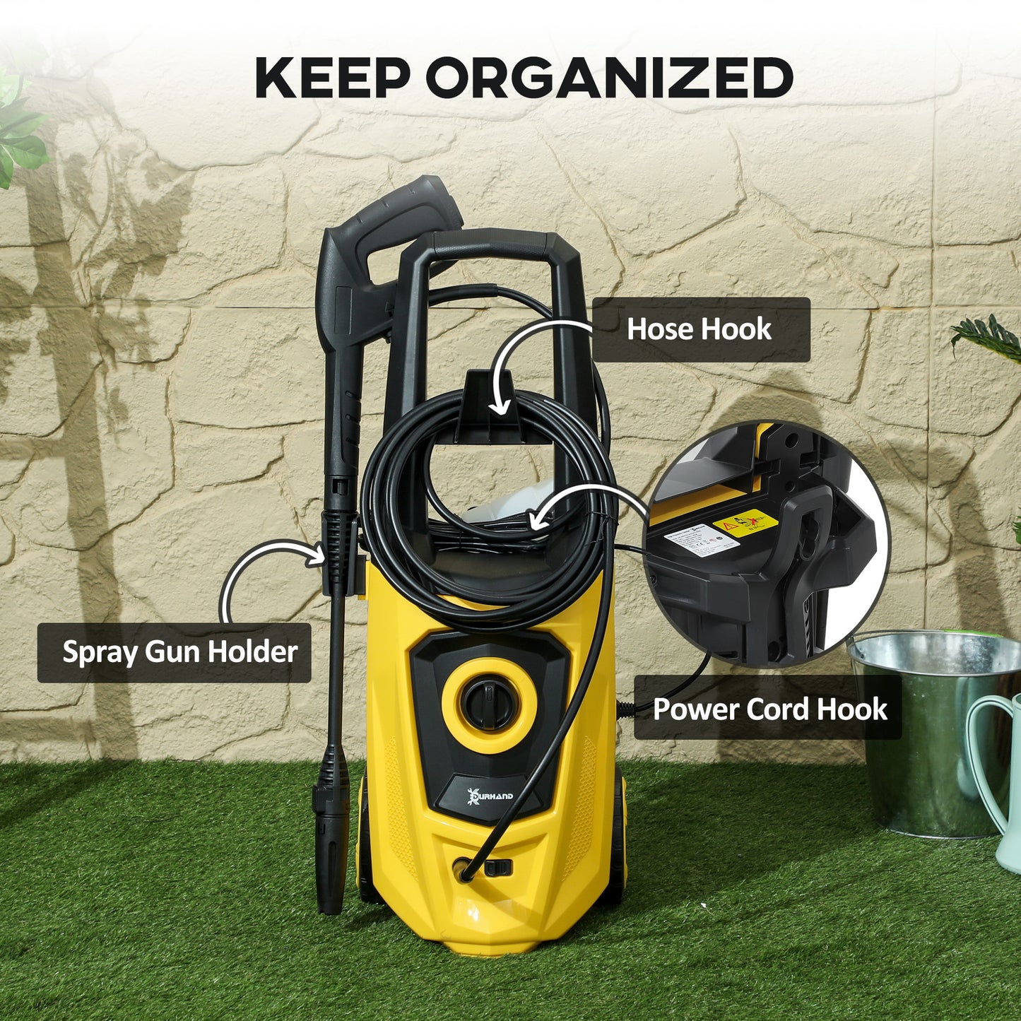 Durhand 1800W High Pressure Washer 150 Bar 510 LPH Flow 6M Hose Snow Foam Bottle For Car Garden Furniture Yellow