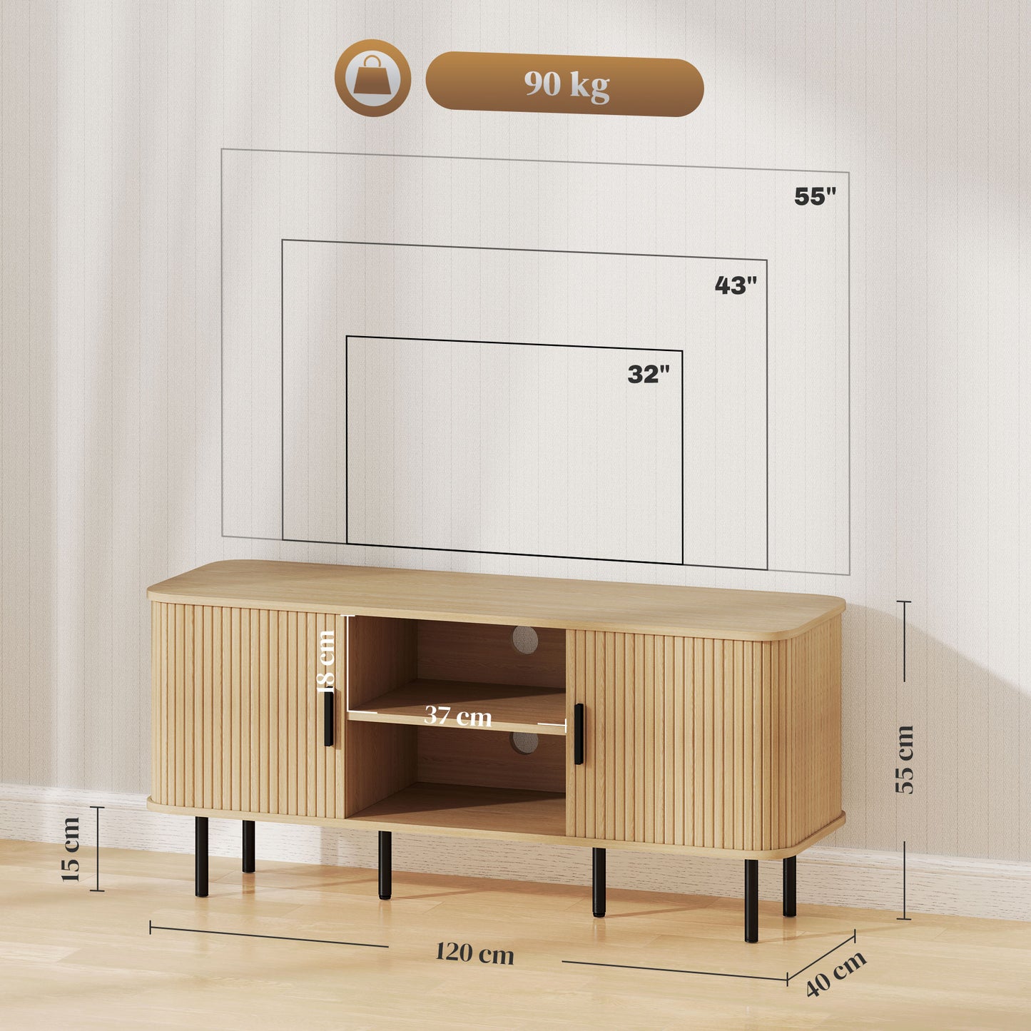HOMCOM TV Stand Cabinet For TVs Up To 55 Inches Oak Tone With Storage Shelves And Cupboard For Living Room