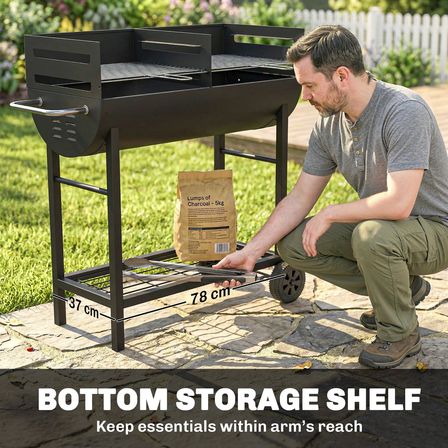 Outsunny Charcoal Grill With Dual Cooking Zones Portable BBQ Trolley Wheels Height Adjustable Grates And Bottom Shelf