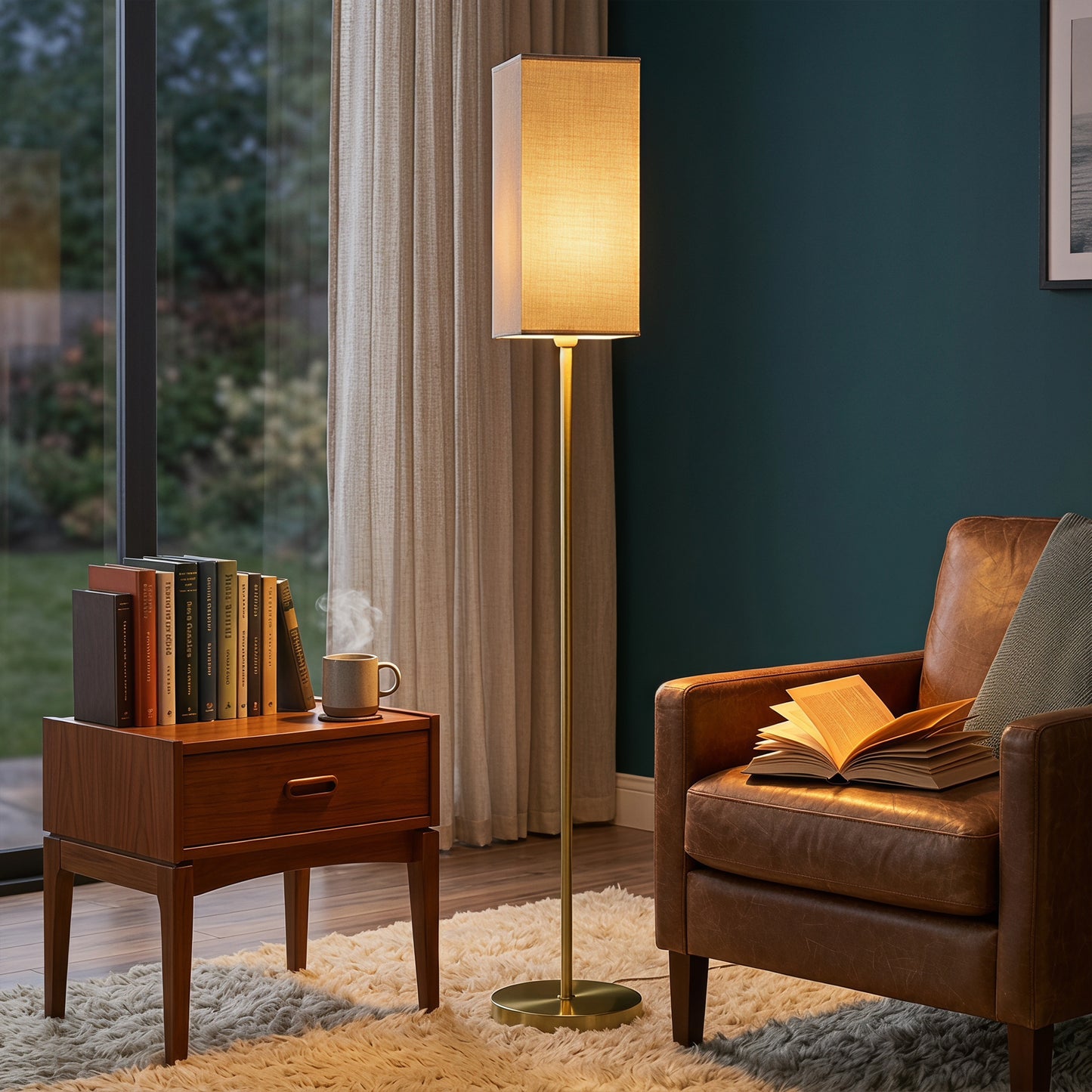 Modern Standing Floor Lamp With Faux Linen Shade And Foot Switch Gold