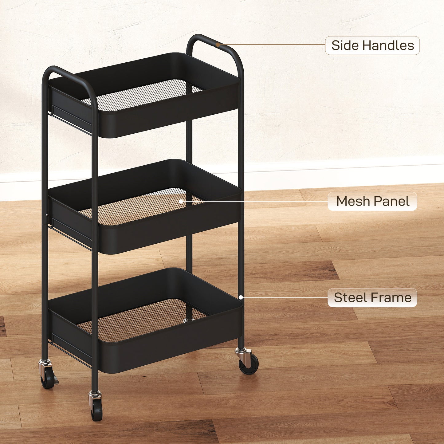 HOMCOM Three Tier Steel Storage Trolley Black Rolling Cart With Three Baskets For Home Kitchen Laundry Office