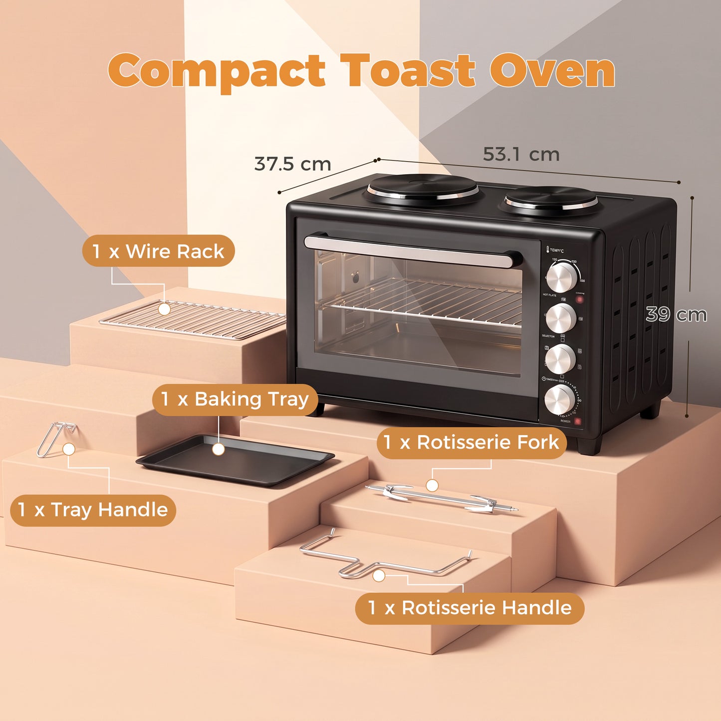 HOMCOM 36L Countertop Convection Oven With Dual Hot Plates And Adjustable Temperature