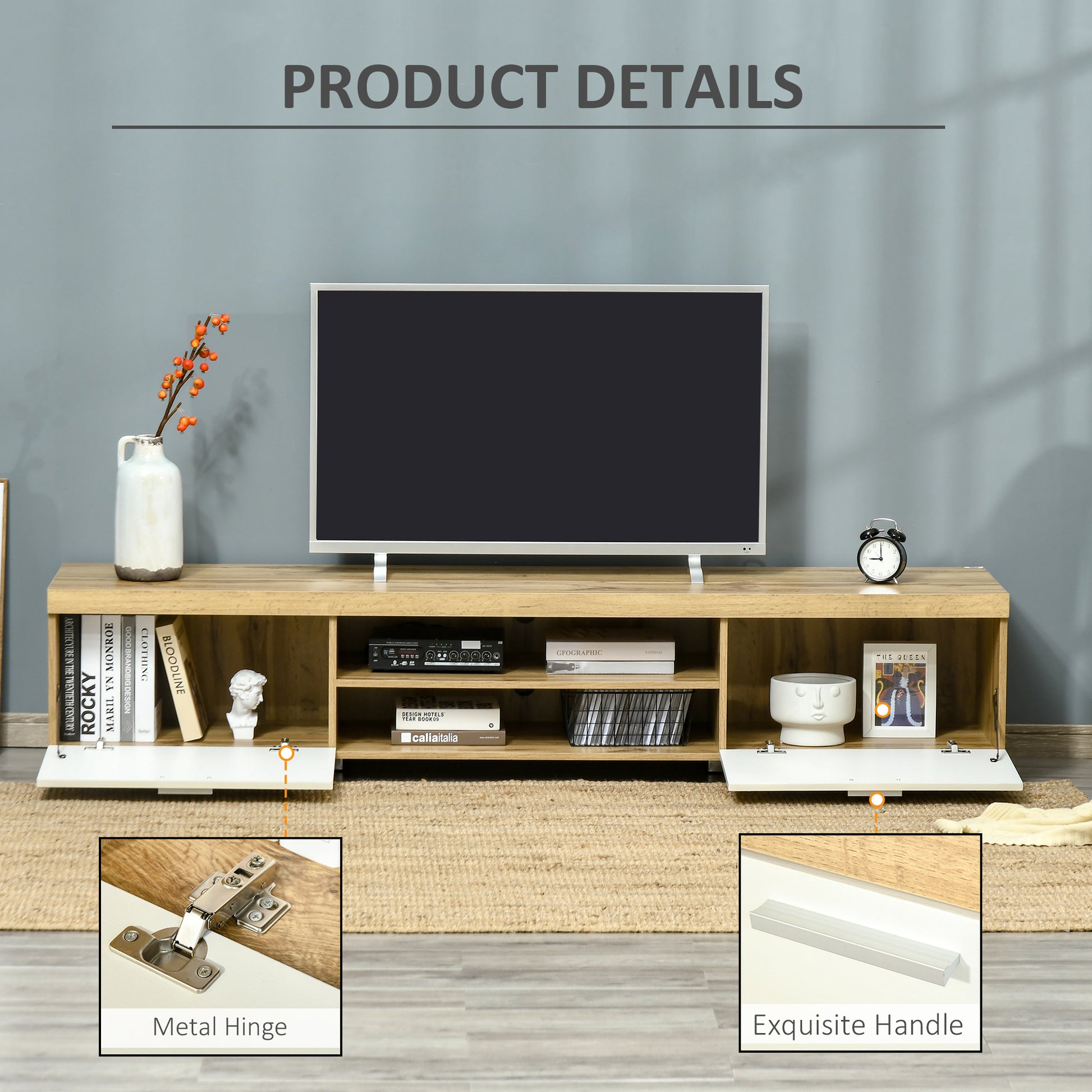 HOMCOM Contemporary Oak and White TV Stand for Up to 90-Inch TVs with Storage and Shelves - ALL4U RETAILER LTD