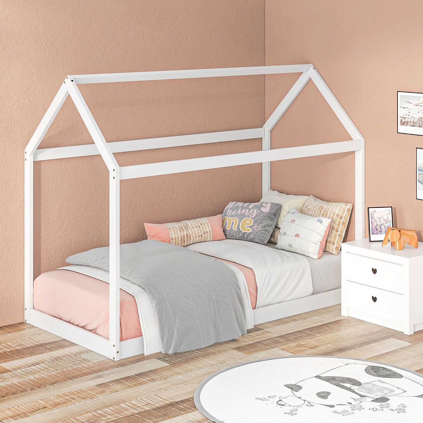 Scandinavian Style House-Shaped Single Bed Frame for 90x190cm Mattress - White Pine Wood - ALL4U RETAILER LTD