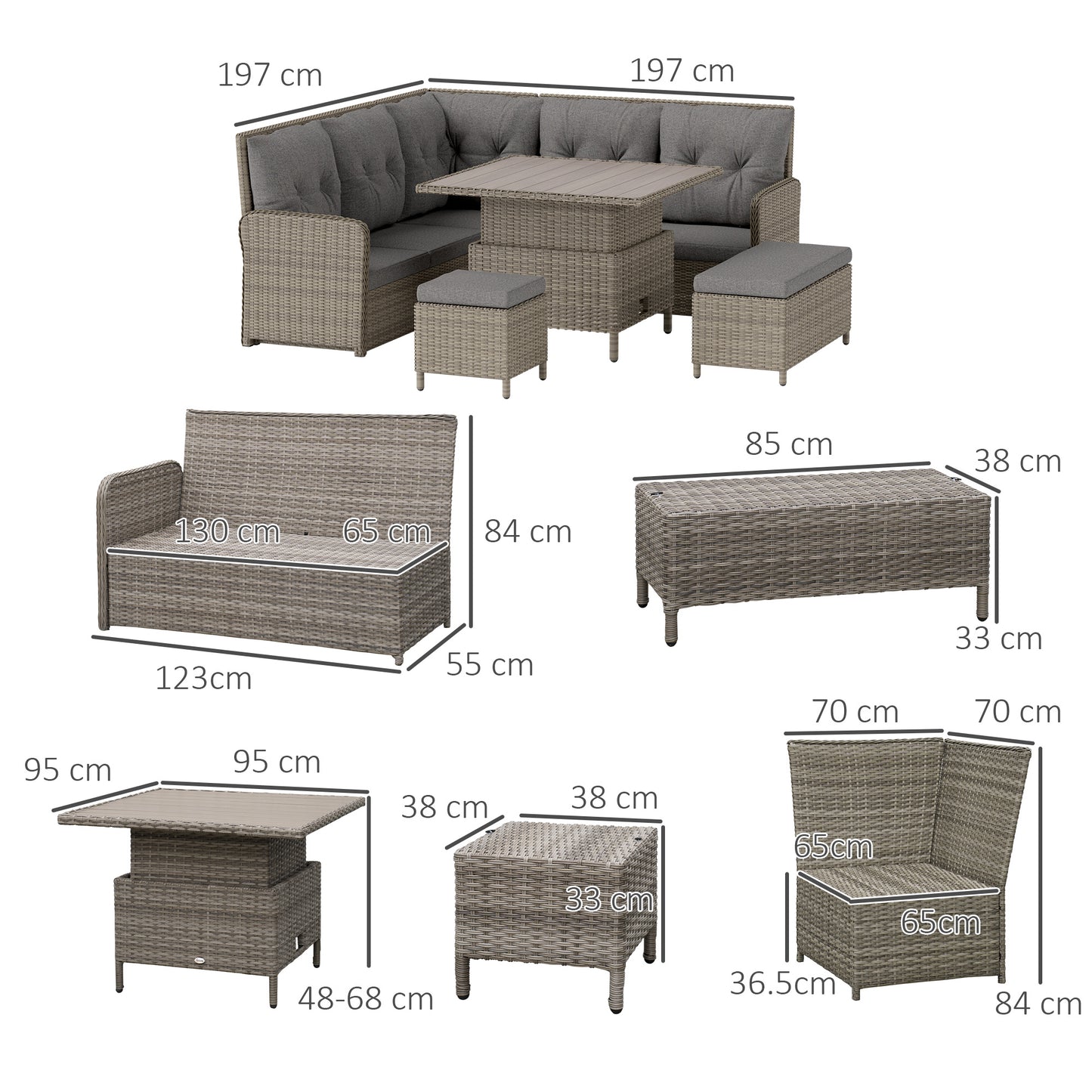 Outsunny 6 Outdoor PE Rattan Garden Furniture Set Patio Wicker Sectional Sofa With Liftable Coffee Table Light Grey