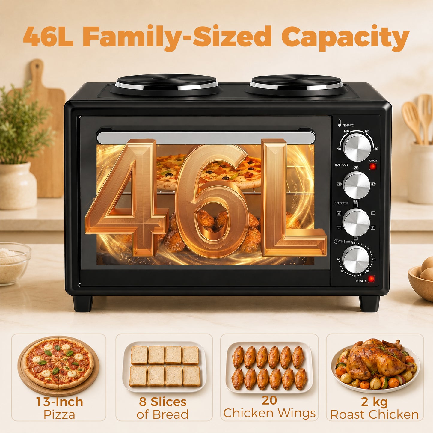 HOMCOM 46L Countertop Oven With Dual Hot Plates Convection And Adjustable Thermostat