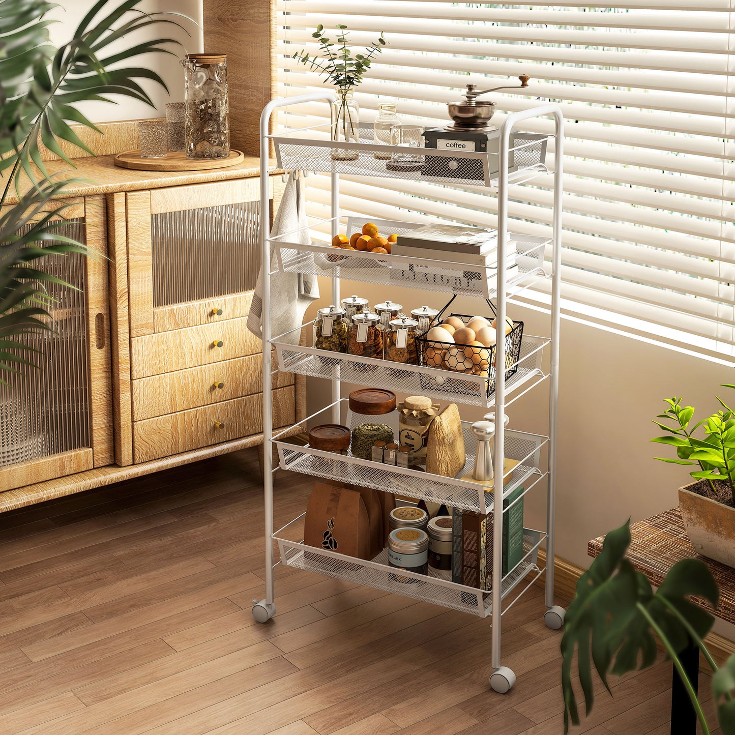 HOMCOM Five Tier Steel Mesh Basket Storage Trolley With Wheels White For Kitchen Home Office Garage And More