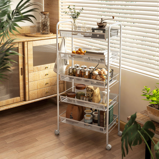 HOMCOM Five Tier Steel Mesh Basket Storage Trolley With Wheels White For Kitchen Home Office Garage And More