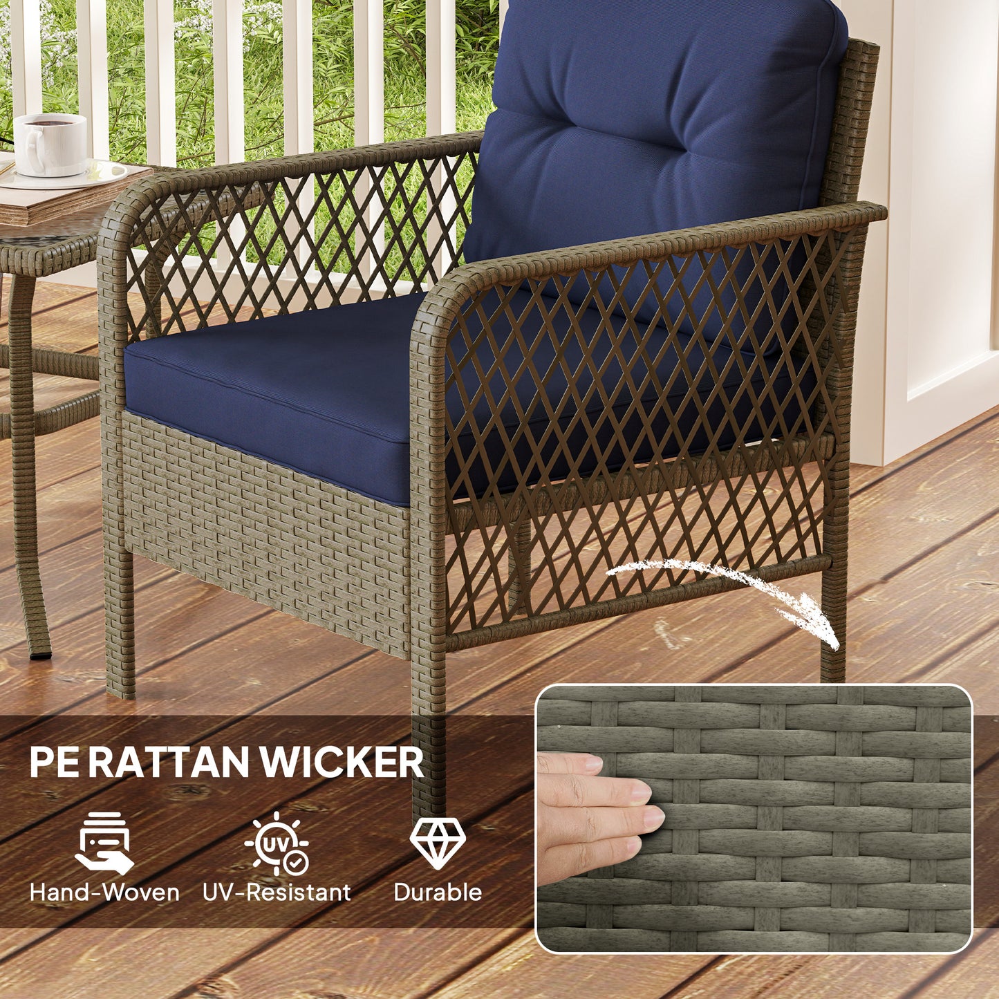 Outsunny 3 Piece Rattan Bistro Set With Glass Top Coffee Table Cushioned Chairs For Outdoor Patio Balcony Charcoal Grey