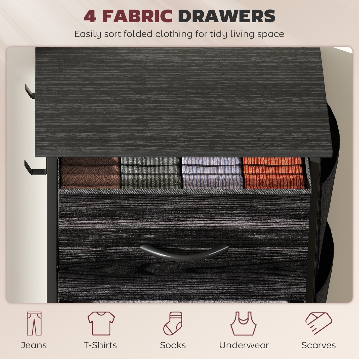 HOMCOM Four Fabric Drawer Chest With Steel Frame Four Side Pockets And Two Hooks Black