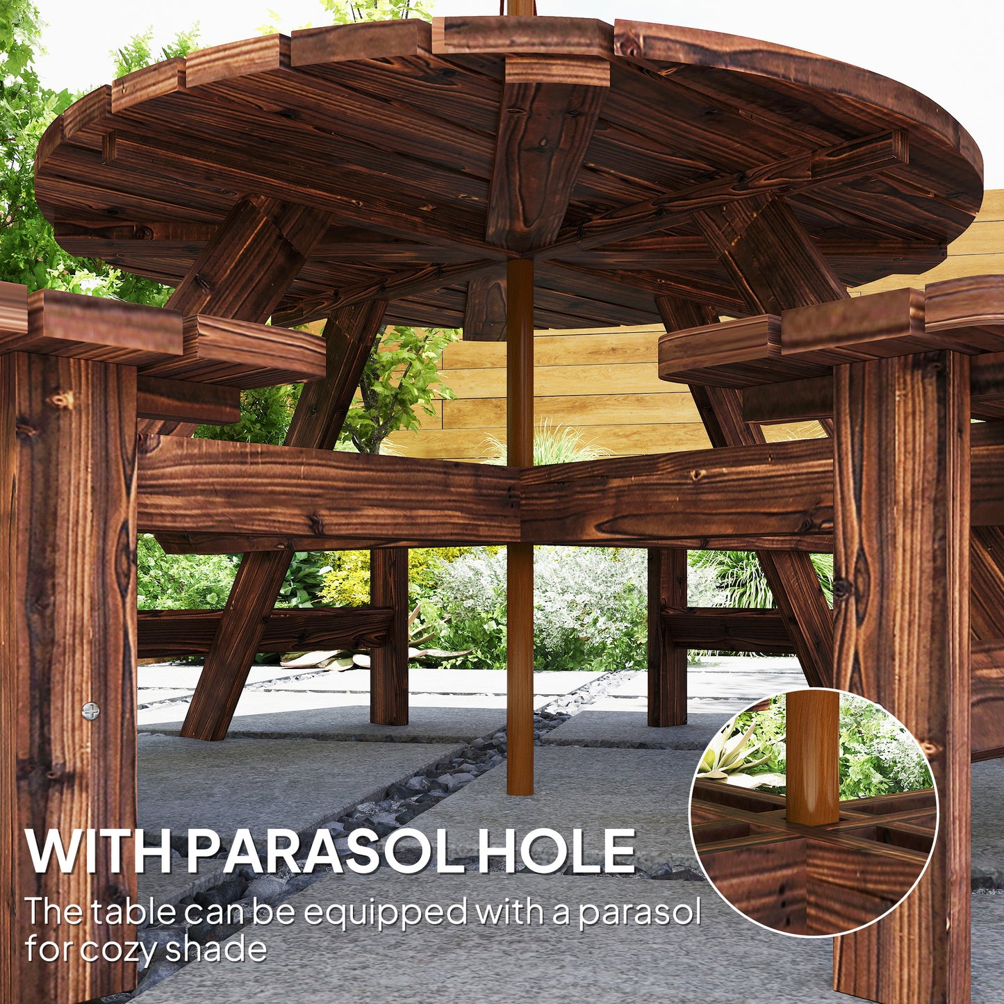 Outsunny Wooden Garden Dining Set 8 Seater Patio Furniture Round Picnic Table With Parasol Hole Tan