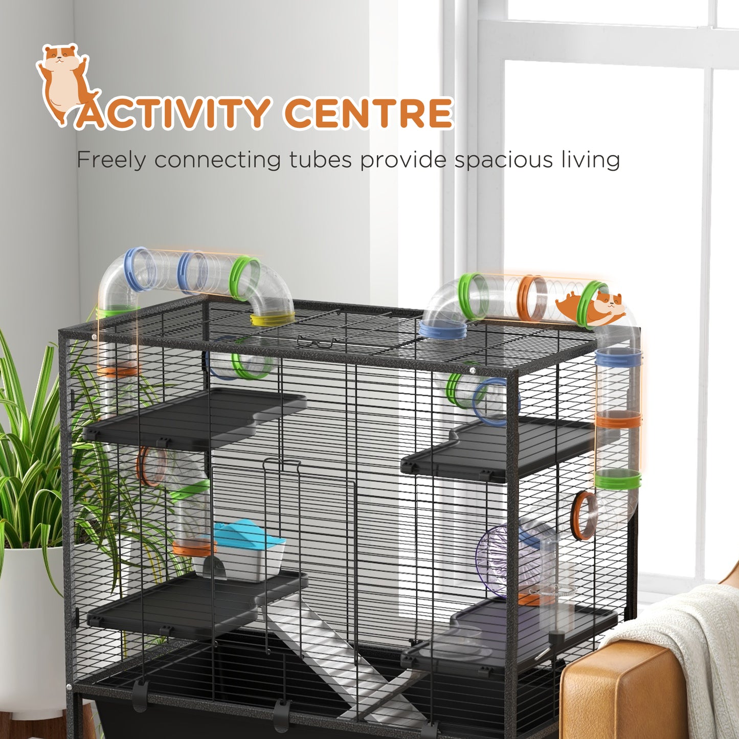 PawHut Multi-Level Hamster and Gerbil Habitat with Interactive Tubes and Accessories - Black - ALL4U RETAILER LTD