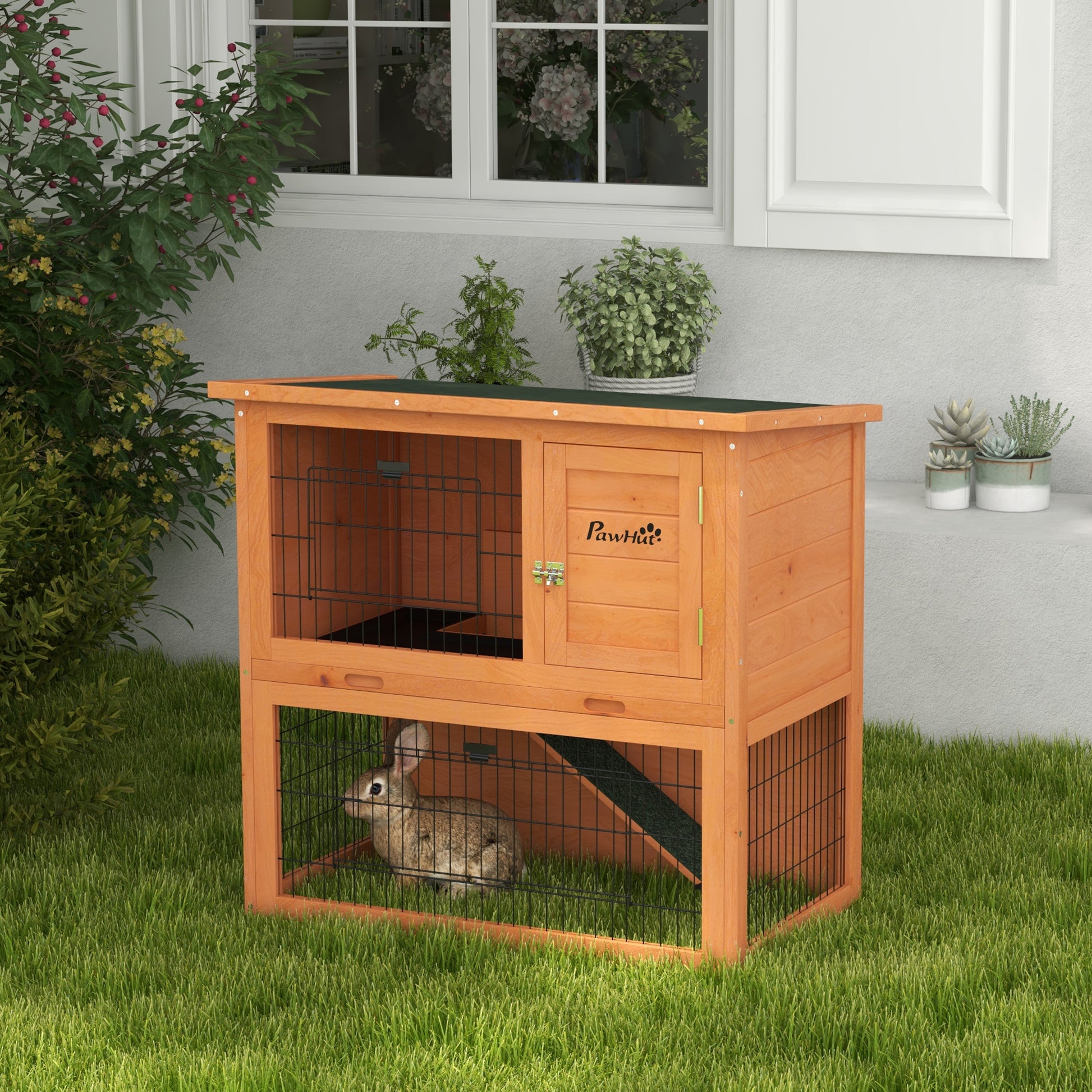 PawHut Two Tier Antiseptic Wood Rabbit Hutch 80cm Guinea Pig Hutch with Run Orange - ALL4U RETAILER LTD