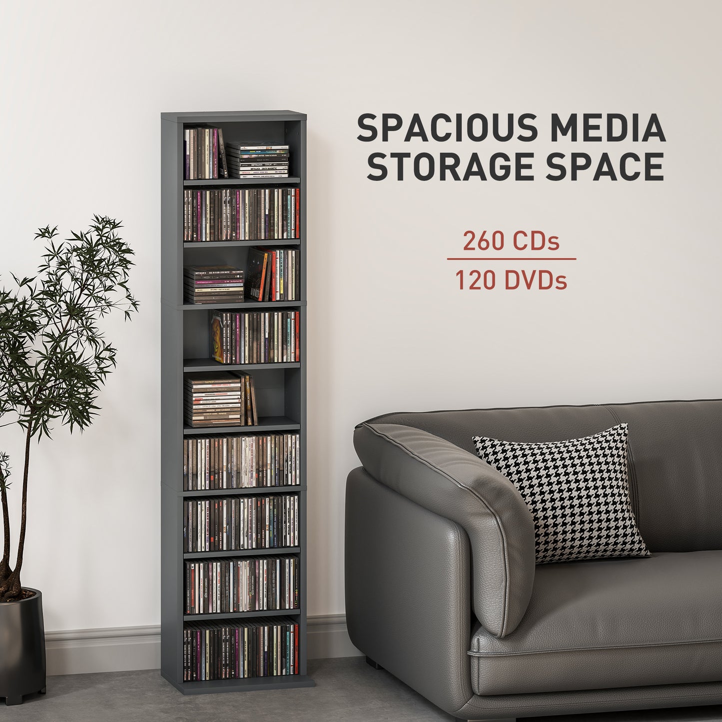 HOMCOM 260 Narrow CD Storage Unit Grey With Six Adjustable Shelves Holds 260 CDs And 120 DVDs