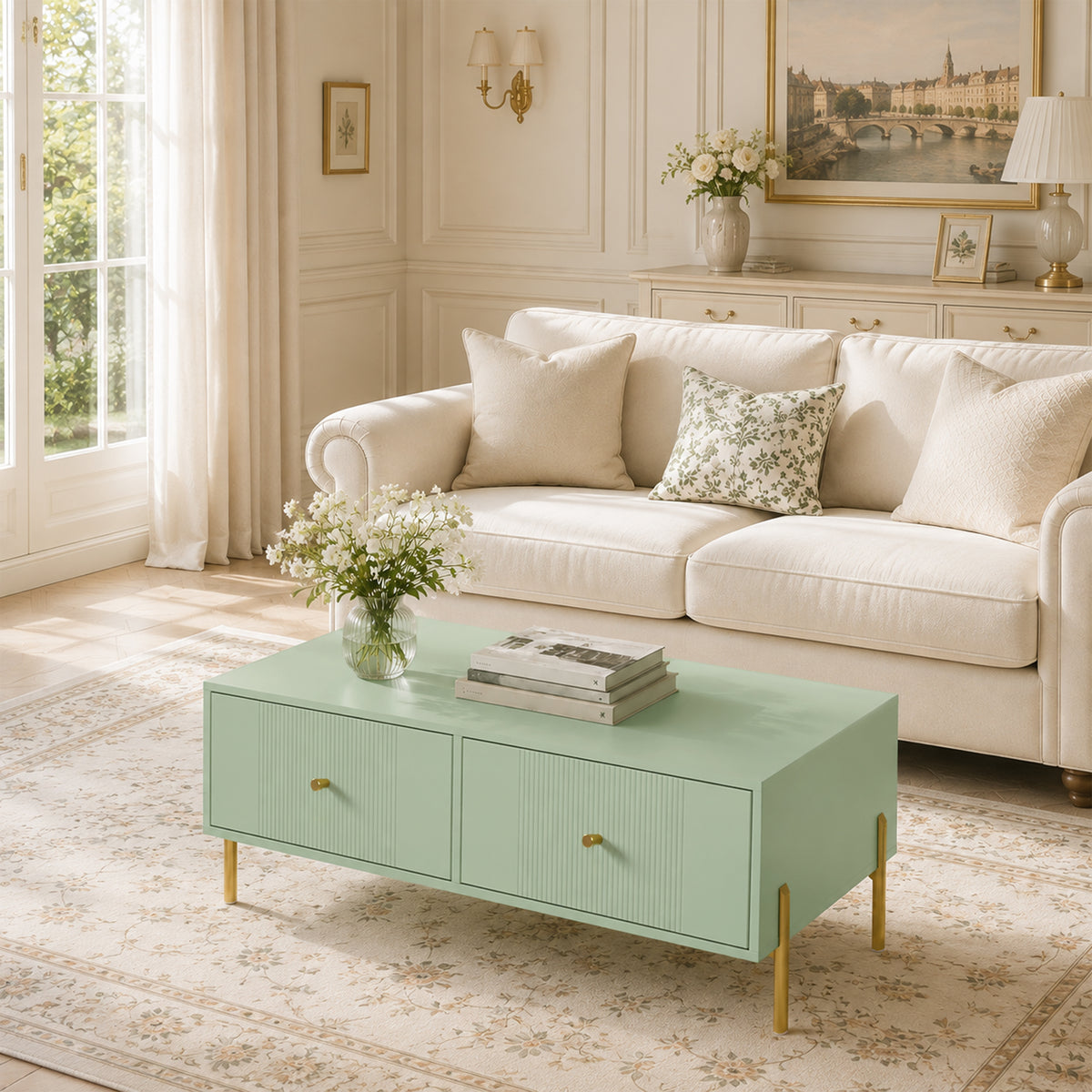 HOMCOM Modern Coffee Table with Storage, 2 Drawers, Light Green Finish