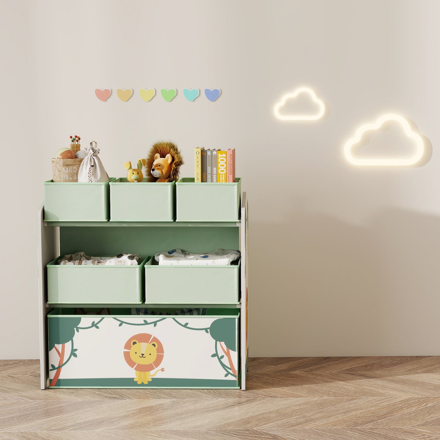 AIYAPLAY 3 Tier Kids Toy Storage Units With Six Removable Boxes Toy Organizer Shelf For Bedroom And Playroom Green