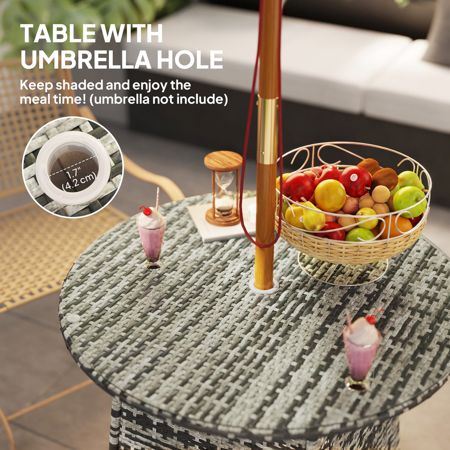 Outsunny Wicker Garden Rattan Outdoor Coffee Table With Umbrella Hole And Tempered Glass Top Grey