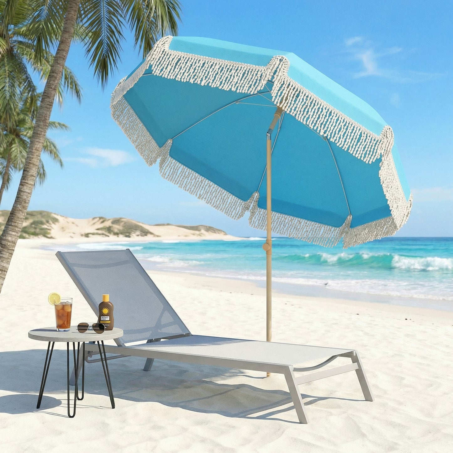 Outsunny 1.7M Beach Umbrella With Sand Anchor 30 Degree Tilting Fringed Beach Garden Parasol Adjustable Height Grey