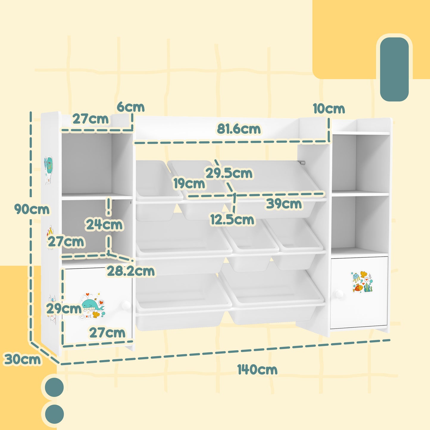 AIYAPLAY 3 In 1 Kids Toy Organizer And Storage With Eight Removable Bins And Bookshelf White
