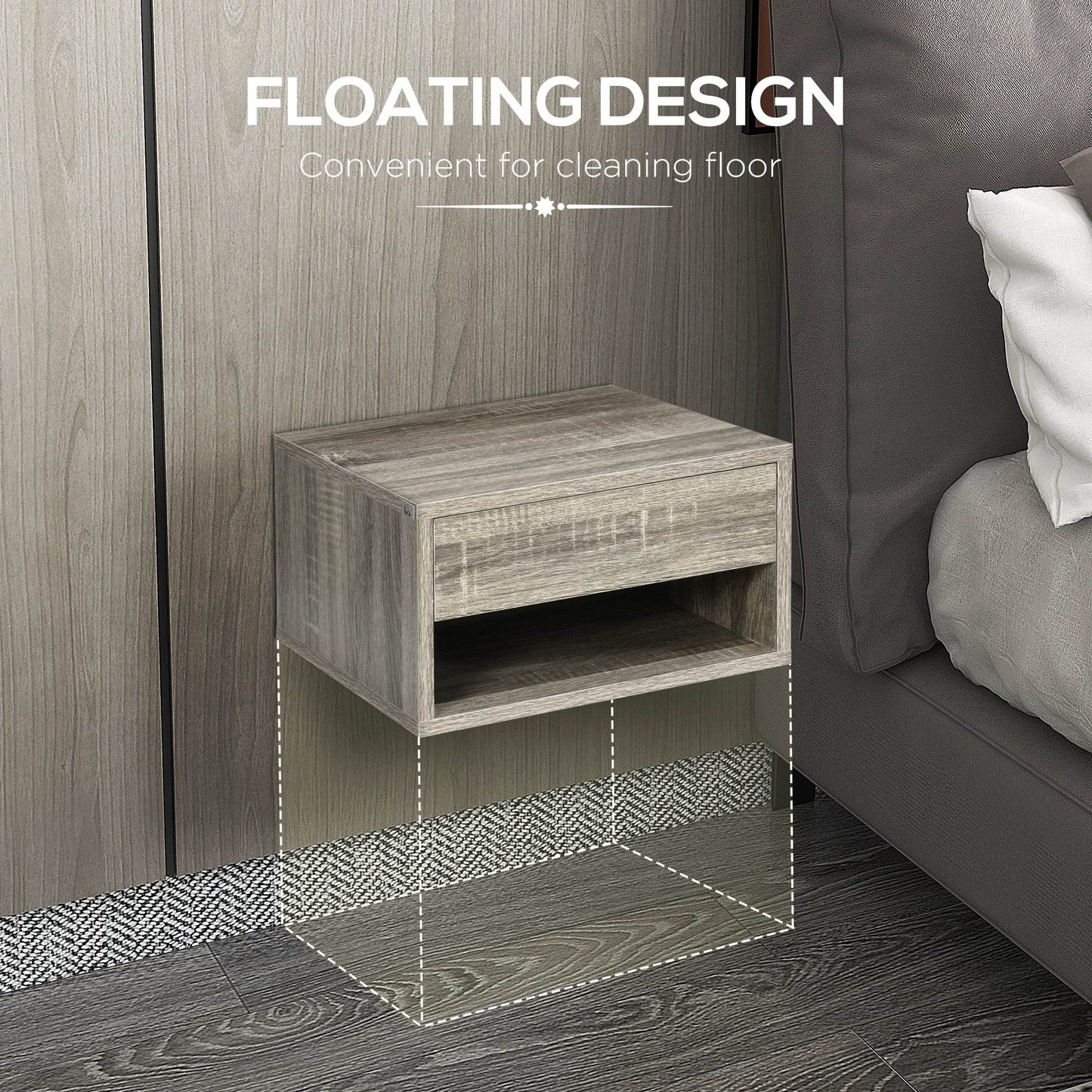 Set of 2 Wall-Mounted Floating Nightstands with Drawer and Shelf in Brown Wood Finish - ALL4U RETAILER LTD