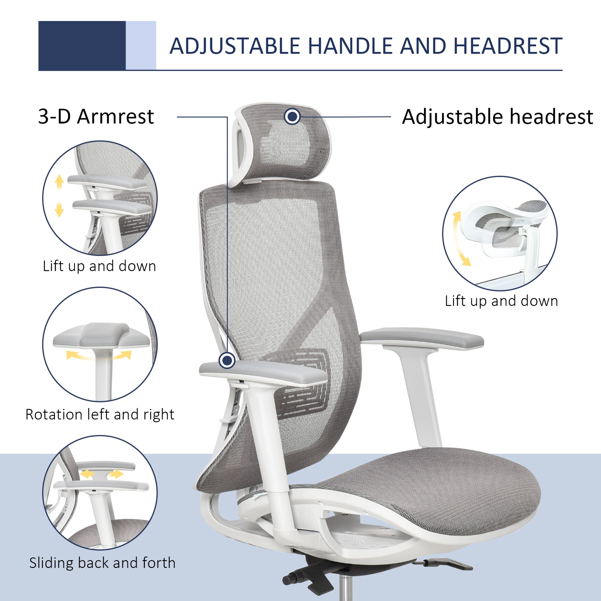 Vinsetto Grey Ergonomic Swivel Office Chair with Adjustable Height, Mesh Back, and 3D Armrests for Home Workspace - ALL4U RETAILER LTD