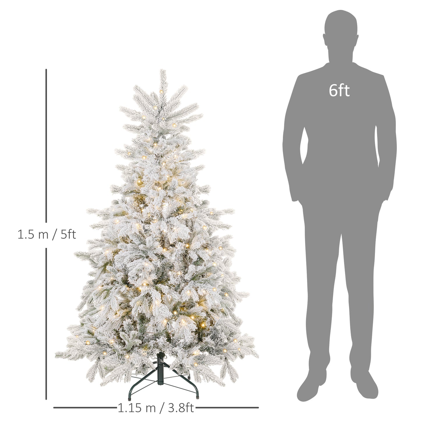 HOMCOM 5ft Prelit Snowy Flocked Christmas Tree with Warm White LEDs and 931 Tips, Includes Sturdy Metal Base - ALL4U RETAILER LTD