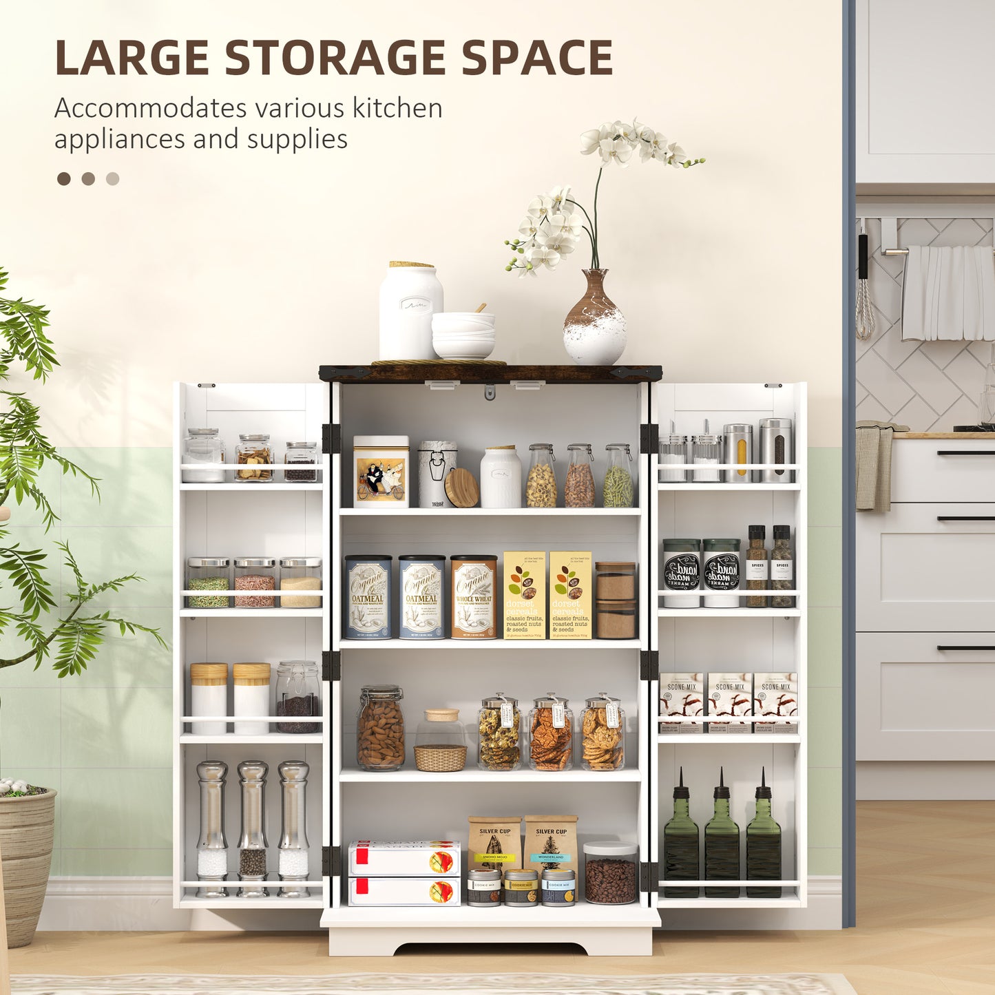 HOMCOM Multi Storage Farmhouse Style Kitchen Cabinet White With Adjustable Shelves For Pantry And Kitchen Organization