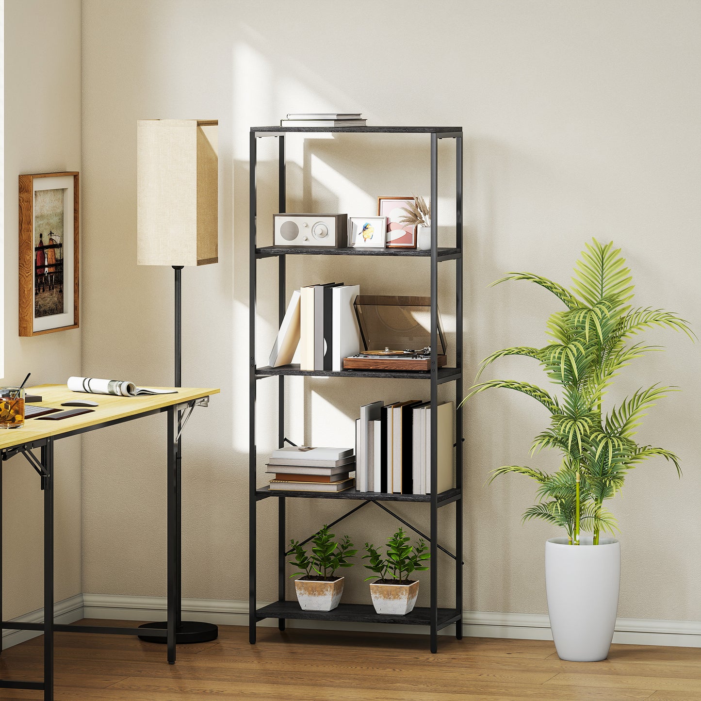 HOMCOM 5 Tier Bookshelf Industrial Bookcase With Metal Frame Black And Dark Wood Effect