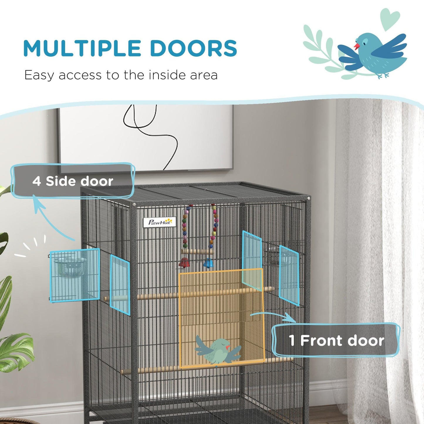 PawHut Bird Cage with Rolling Stand for Small Birds - Grey - ALL4U RETAILER LTD