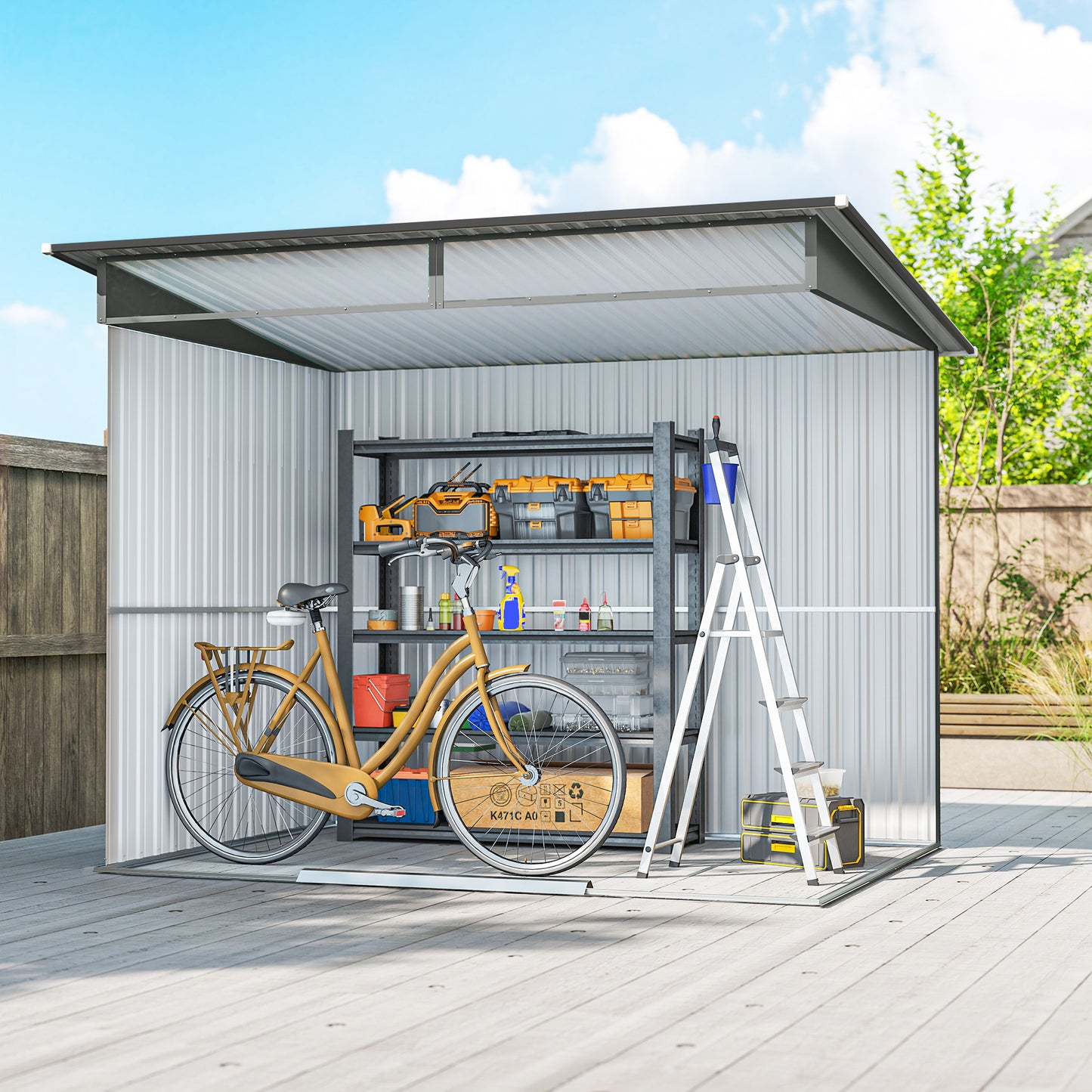 Outsunny 9ft x 6.5ft Garden Storage Shed With Top Window Metal Outdoor Tool House Double Doors Light Grey