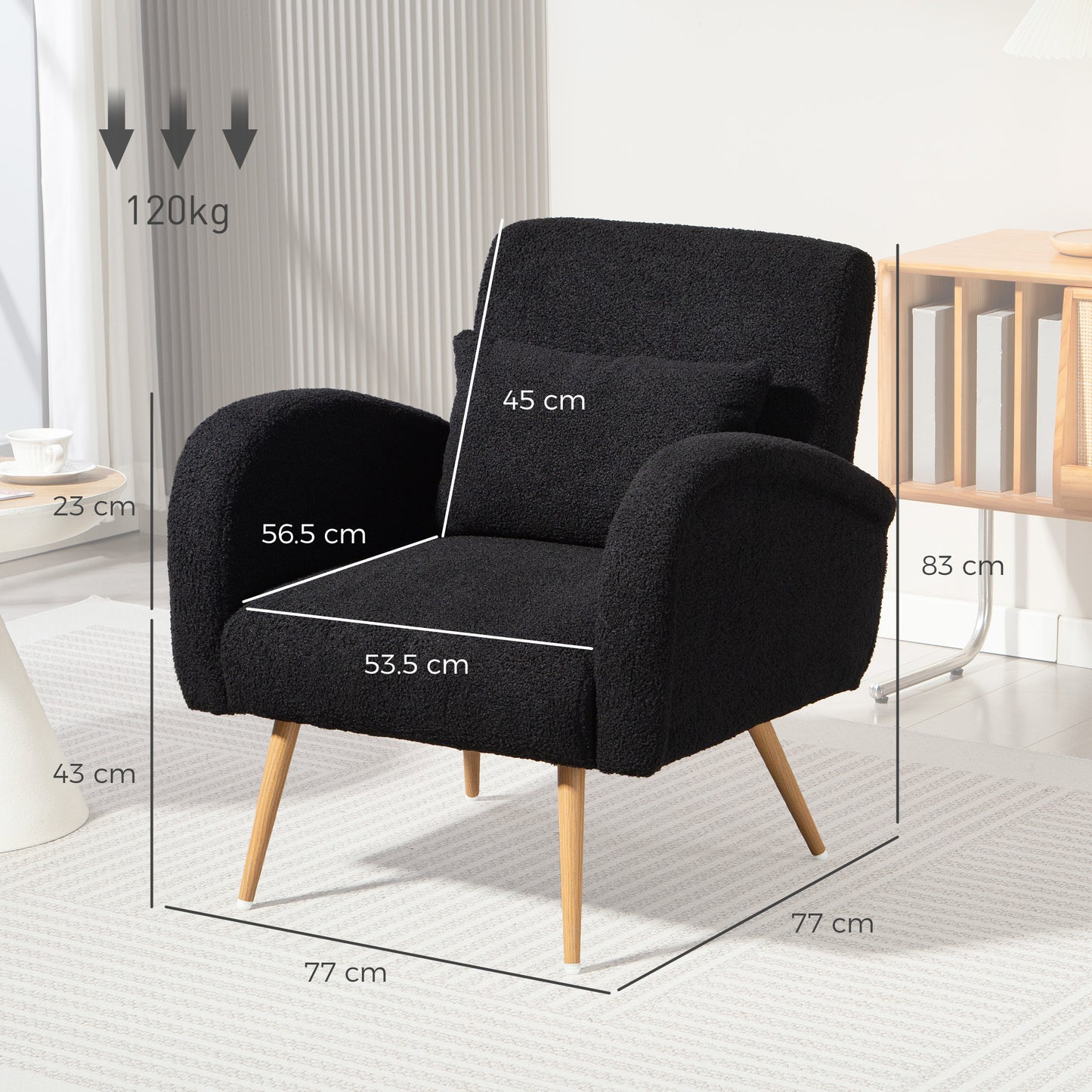 HOMCOM Teddy Fleece Accent Chair Black With Foam Padding And Metal Legs Wood Effect Finish