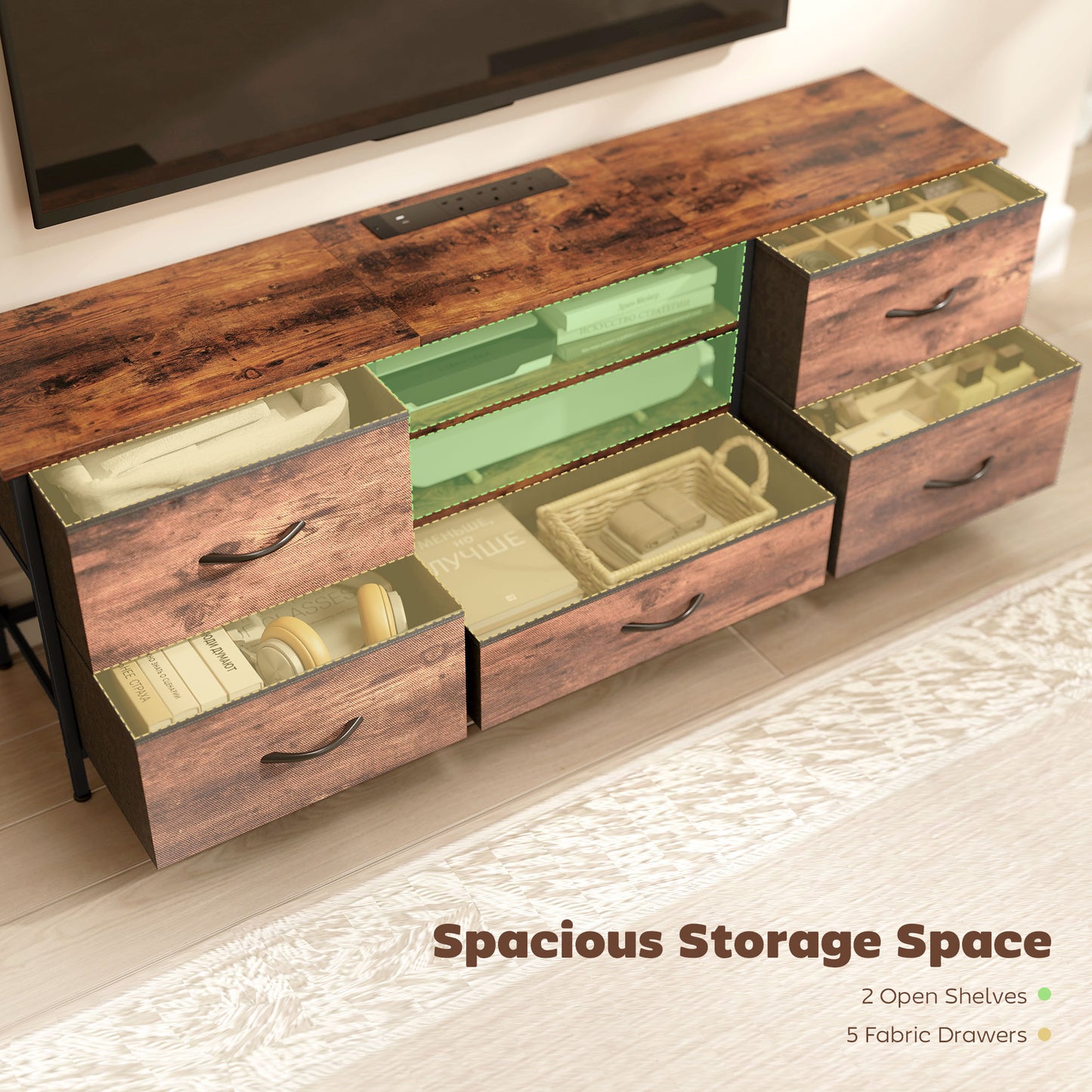 HOMCOM Multi Storage Industrial TV Stand For 65 Inch TV Dark Wood Effect With Grey Fabric Drawers And Steel Frame
