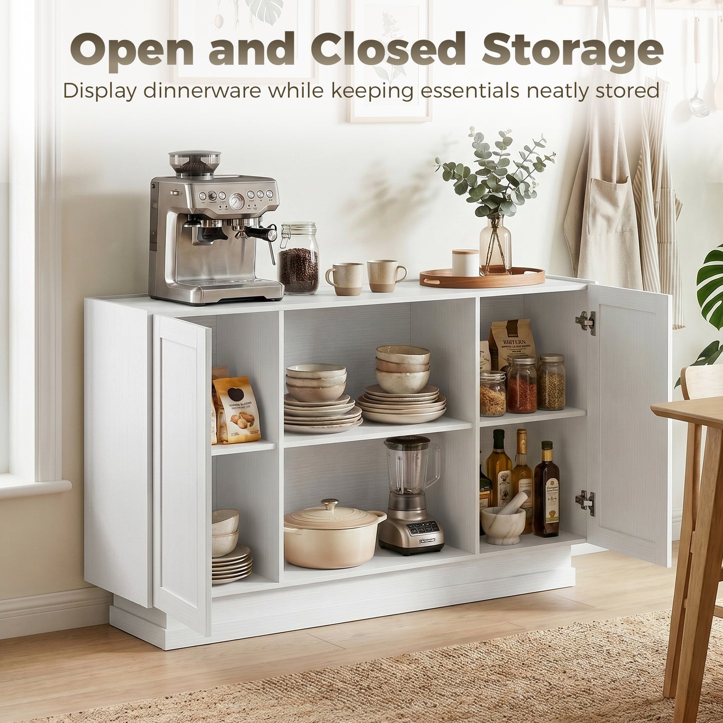 HOMCOM Sideboard Buffet Cabinet 133 cm Storage Cabinet With 2 Open Shelves 2 Cupboards Soft Close Doors White