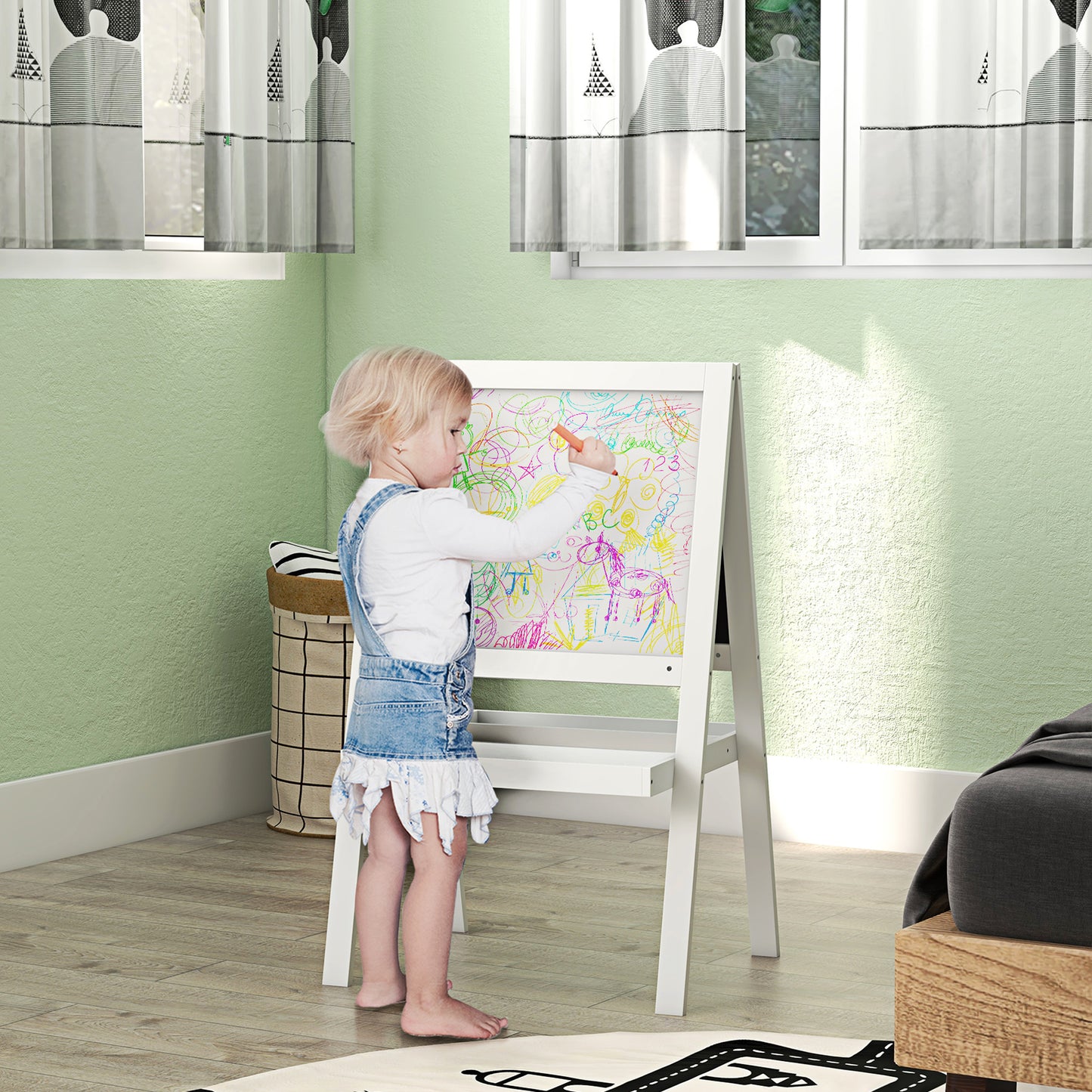 AIYAPLAY Kids Easel With Double Sided Whiteboard Chalkboard 2 In 1 Standing Easel For Toddlers 18 48 Months White
