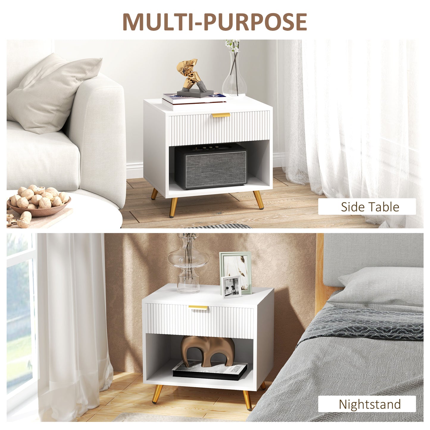 HOMCOM Bedside Tables Set of 2 White With Drawer and Open Compartment Nightstands for Bedroom and Living Room
