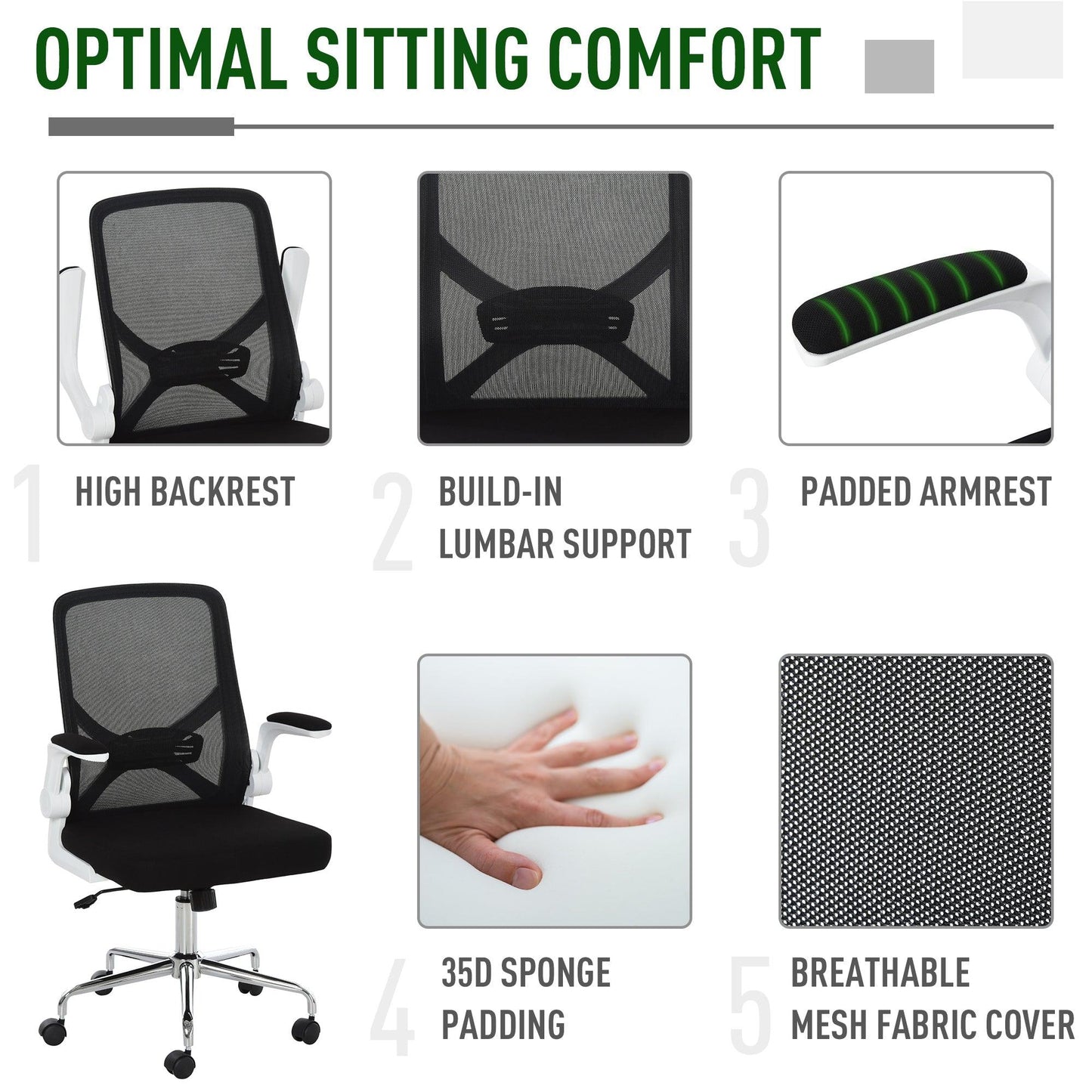 Vinsetto Mesh Office Chair with Lumbar Support, Adjustable Height, Black - ALL4U RETAILER LTD