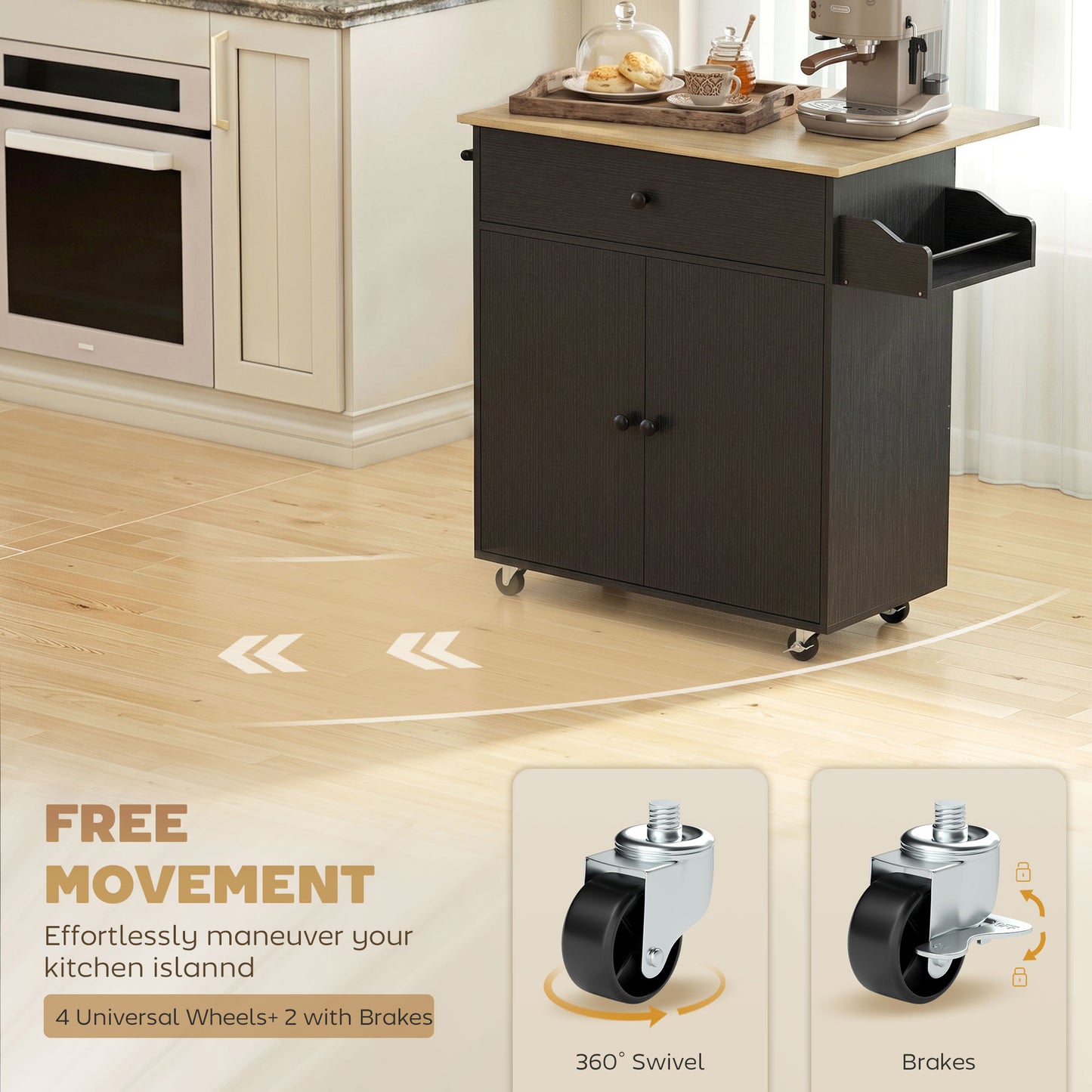 HOMCOM Kitchen Island With Drop Leaf Rolling Cart And Storage Drawer