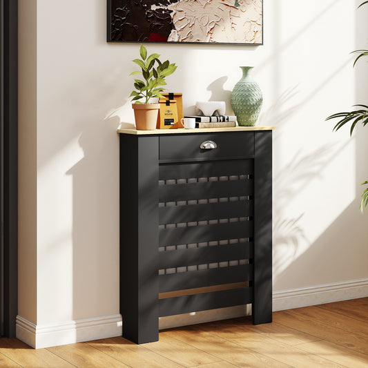 HOMCOM Black Radiator Cover With Drawer 95.5H x 78W cm Slim Slatted Cabinet Heat Shield