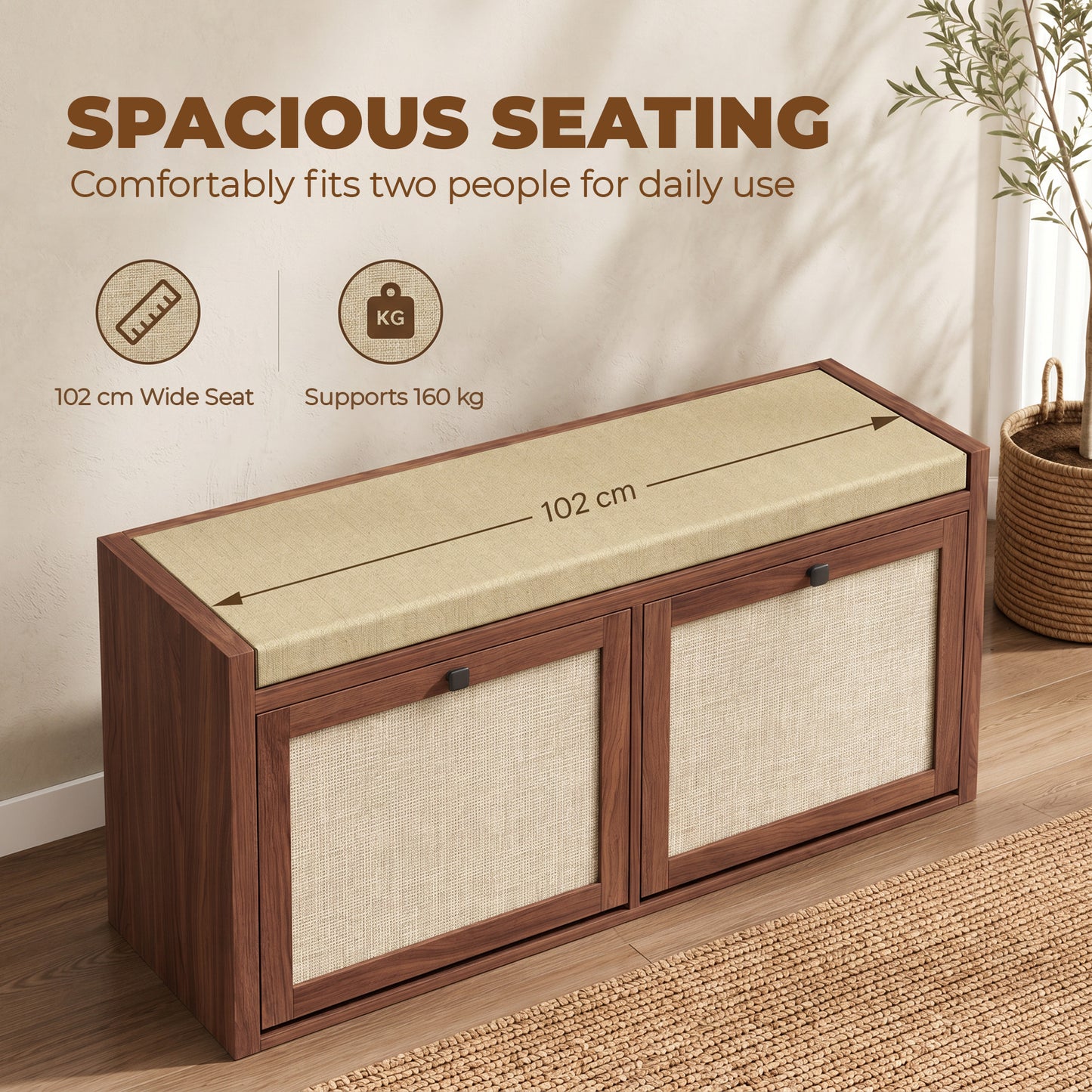 HOMCOM Rattan Shoe Bench With Padded Cushion And Hidden Storage Cabinets For Hallway Brown