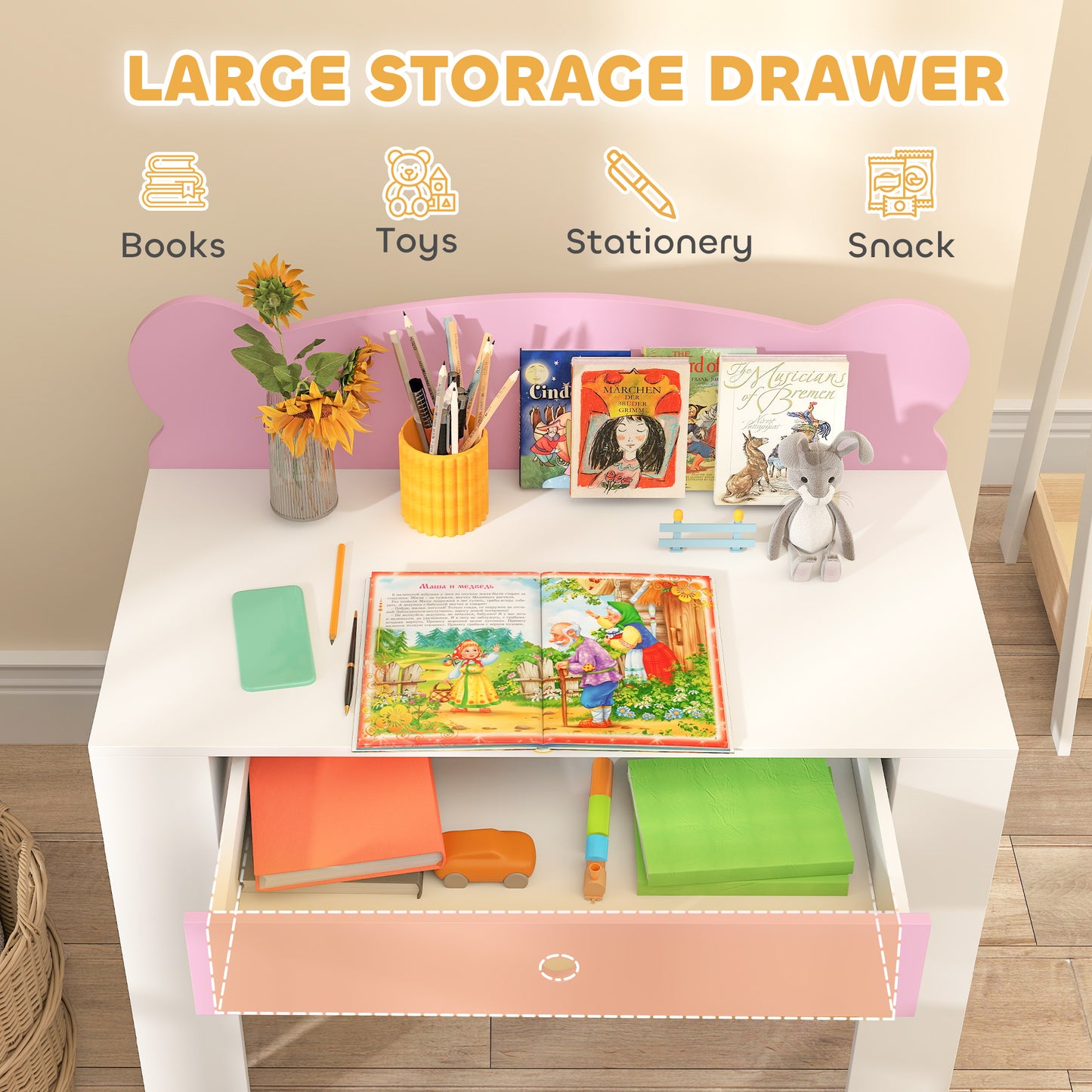 Aiyaplay Kids Desk And Chair Set With Drawer For Drawing And Reading Bear Theme Pink For Bedroom Daycare
