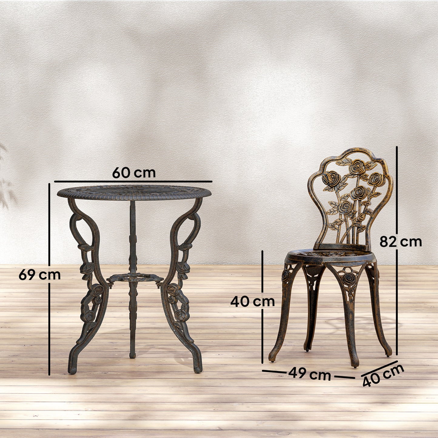 Outsunny Outdoor Patio Bistro Set Vintage Rose Design Round Table With 2 Chairs Umbrella Hole Metallic Finish